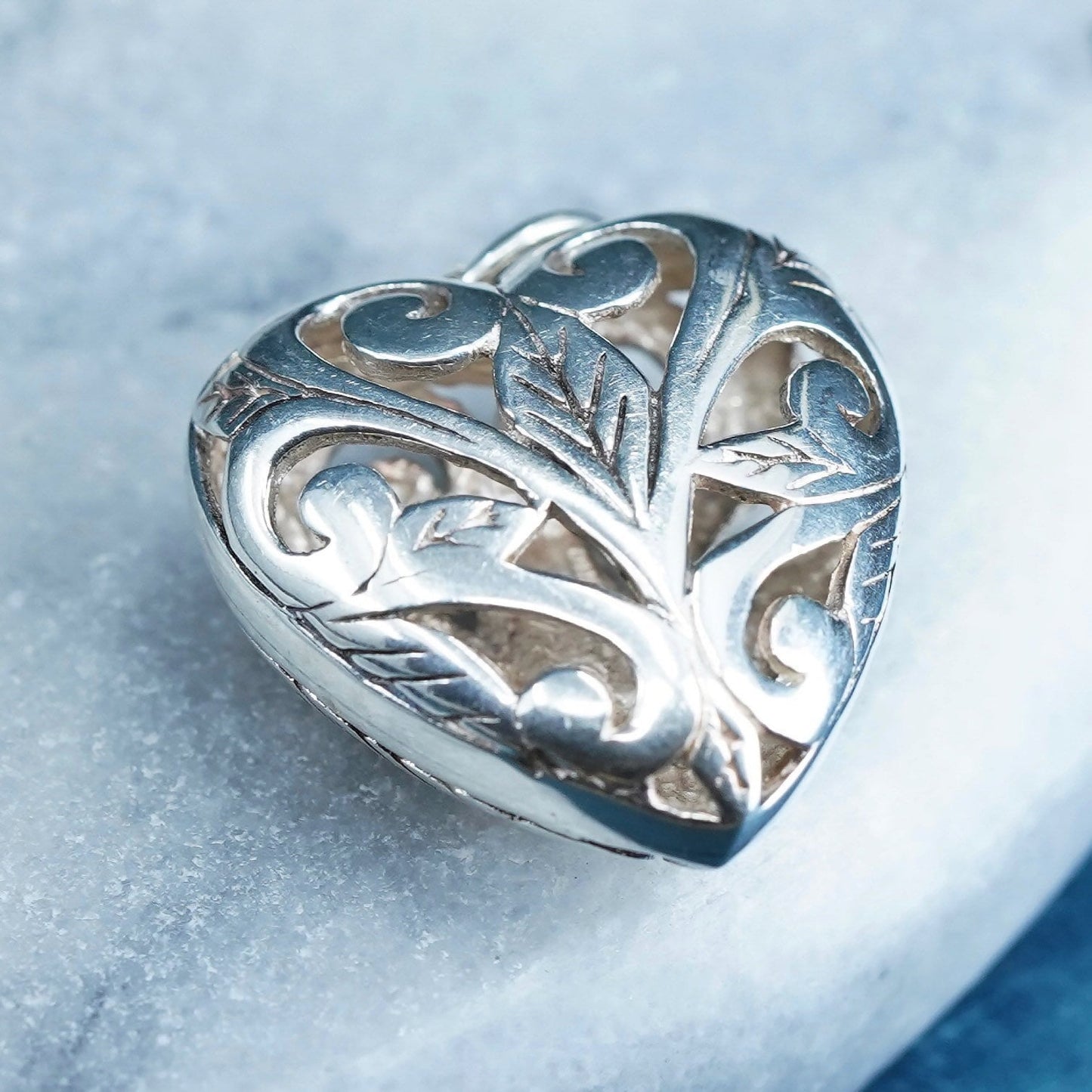 Vintage Sterling silver handmade pendant, puffy 925 filigree heart