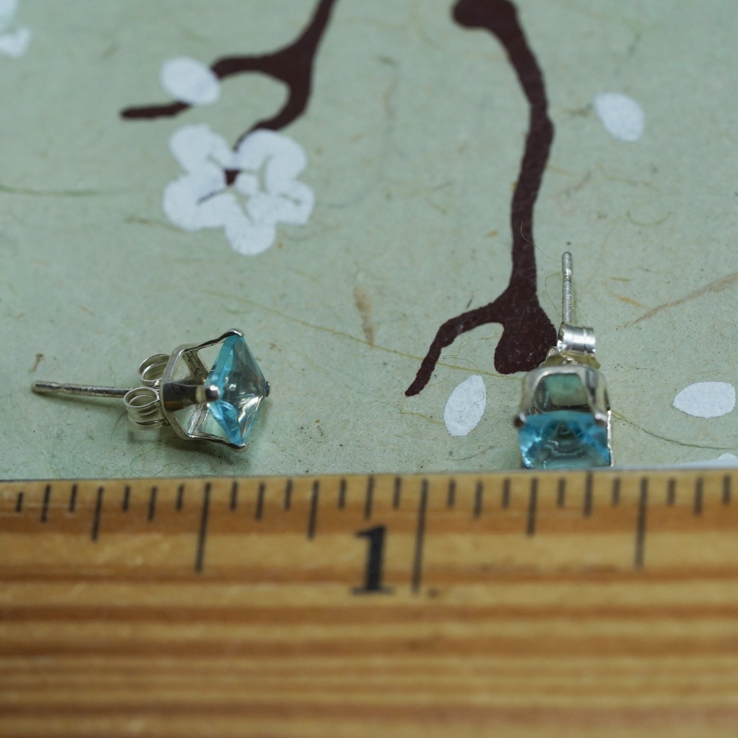 sterling silver earrings with square blue topaz details, 925 silver studs