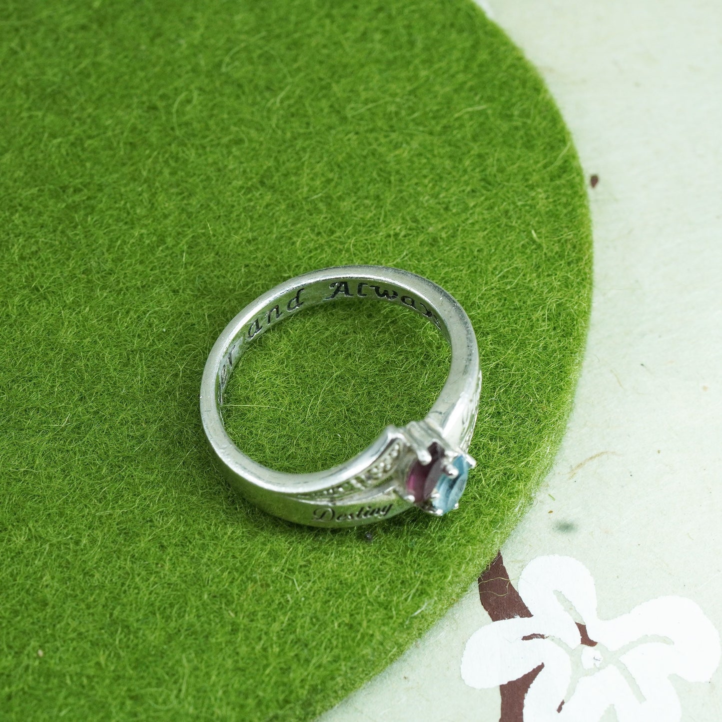 Size 8.25, Sterling 925 silver ring w/ ruby blue topaz engraved forever always