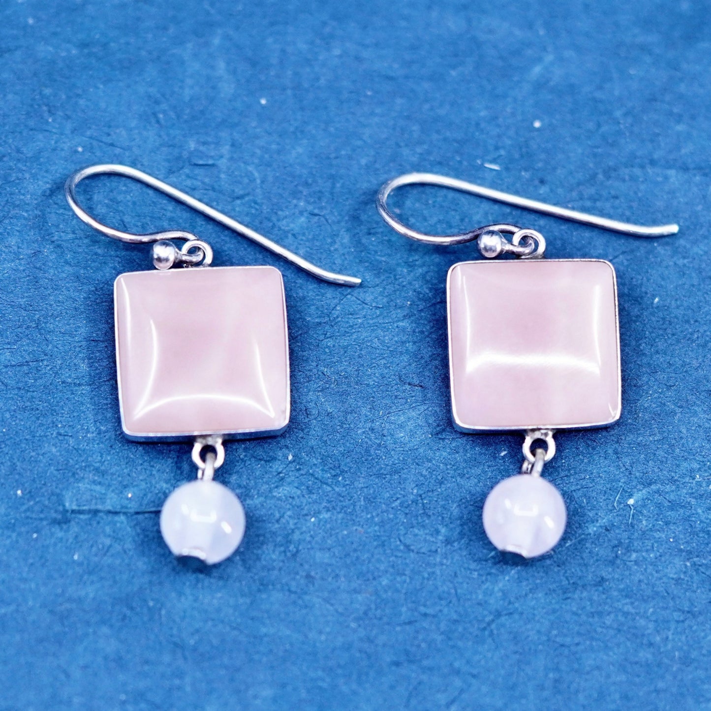 Vintage Sterling 925 silver handmade earrings with square pink quartz Dangles