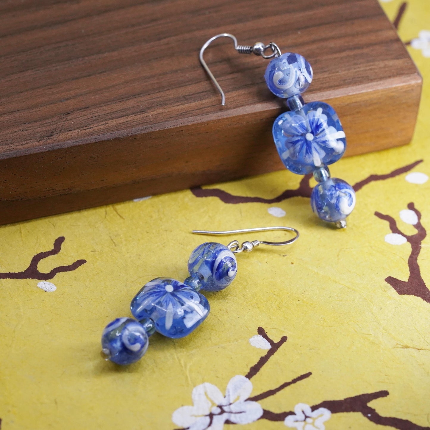 Vintage sterling 925 silver handmade earrings with blue floral glass bead