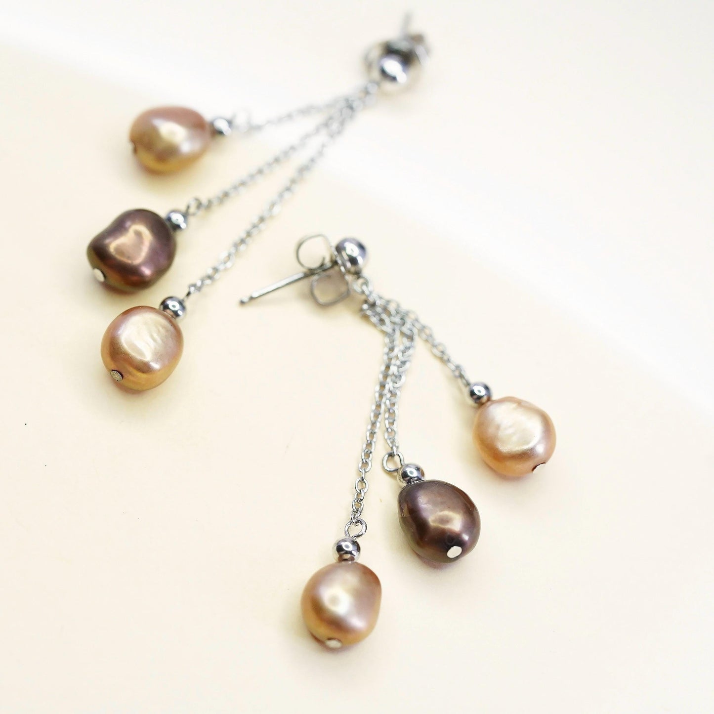 Vintage Sterling 925 silver fringe earrings with oval dyed freshwater pearl