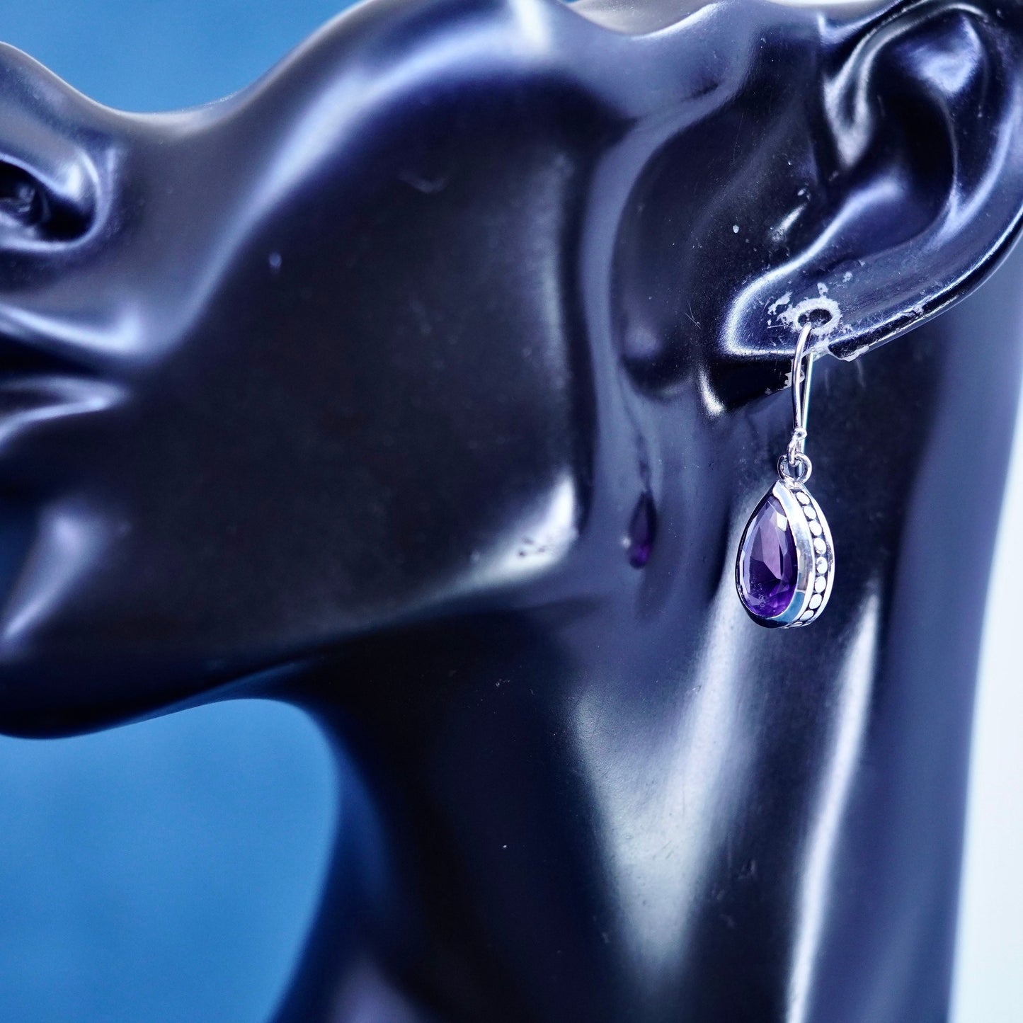 Vintage sterling 925 silver handmade teardrop earrings with amethyst