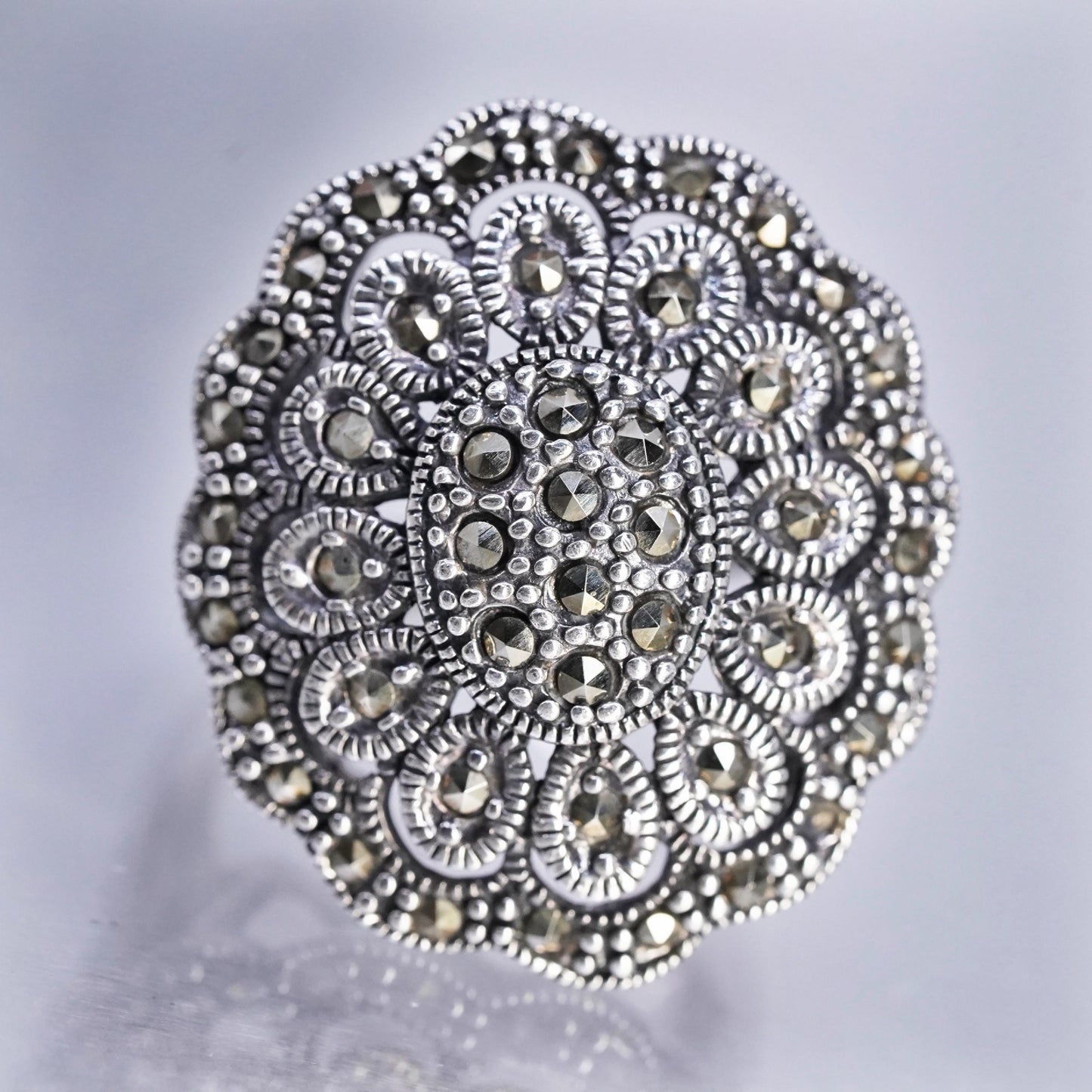 Size 10.5 southwestern Sterling 925 silver ring filigree band cluster marcasite