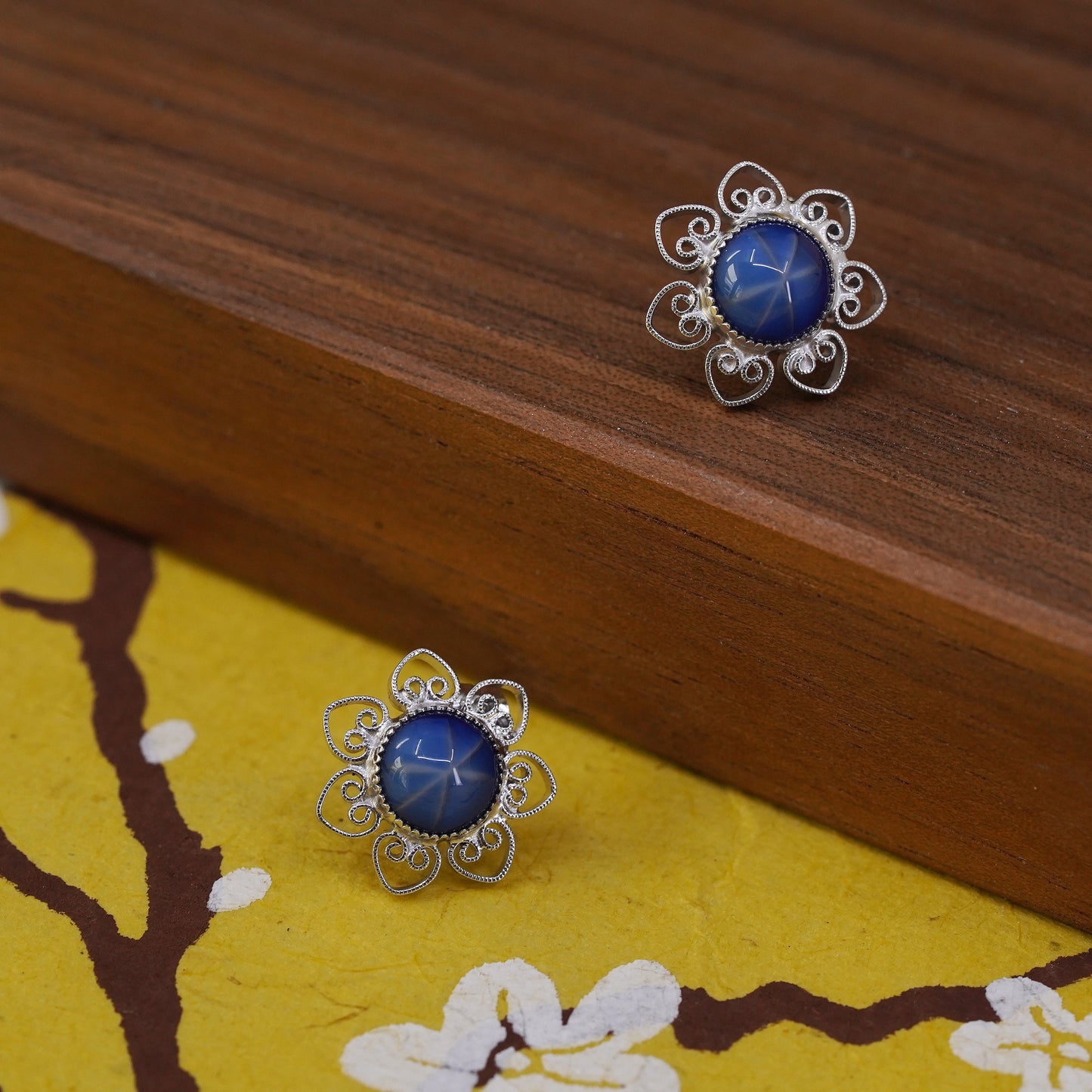 Vintage Sterling silver handmade earrings, 925 filigree studs w/ star sapphire