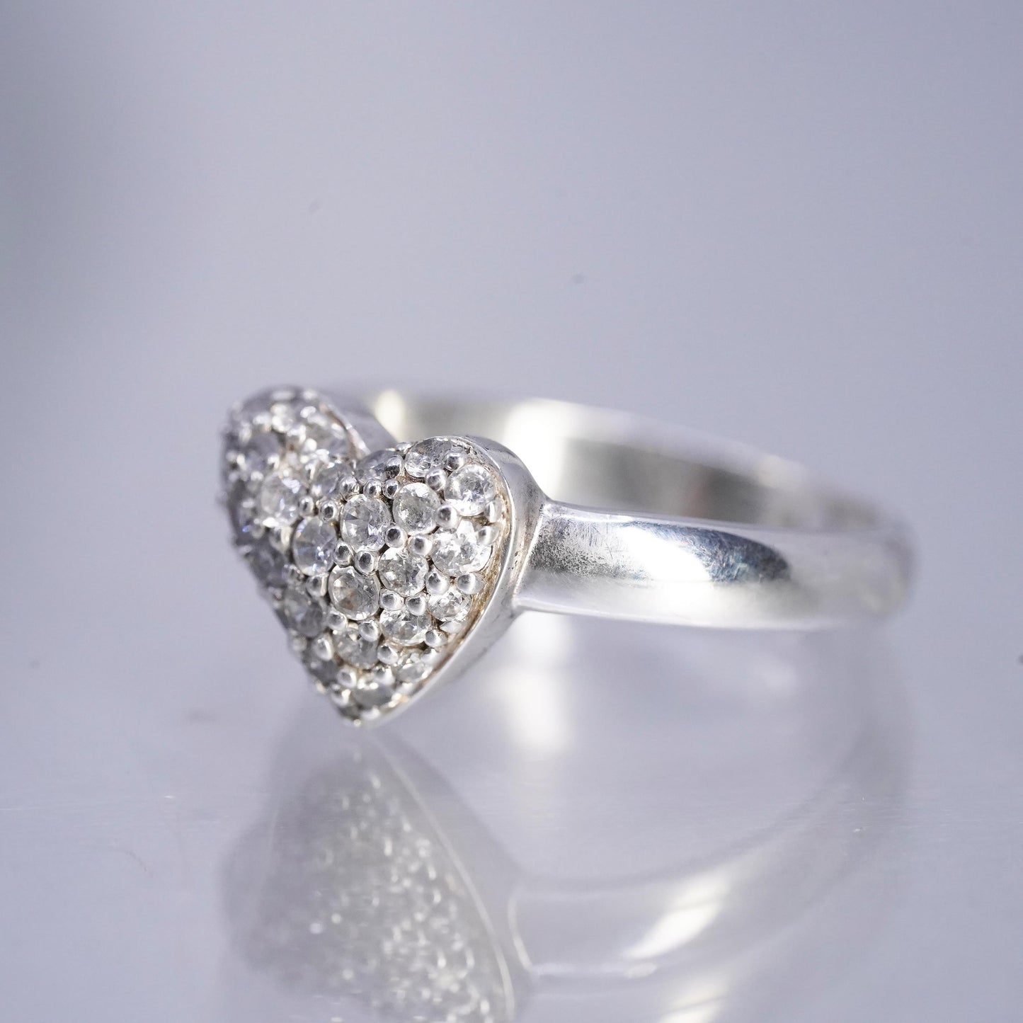 Size 6, vintage Sterling 925 silver handmade heart ring with cluster Cz