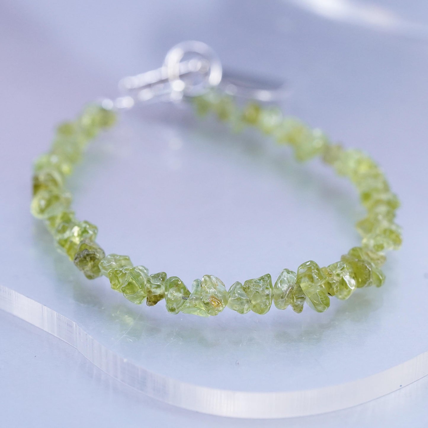 6.75", Sterling 925 Silver peridot Bead Bracelet heart charm toggle closure