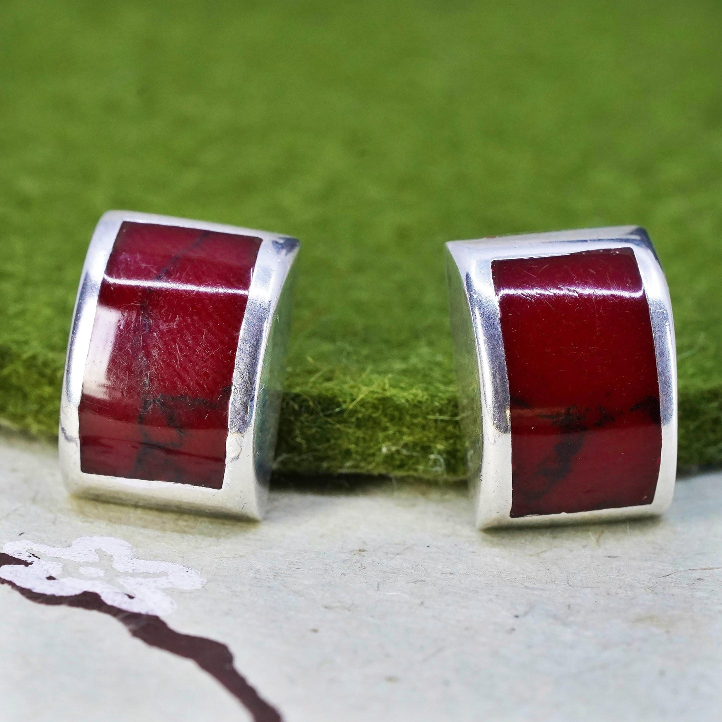Vintage Mexican Sterling silver handmade earrings, 925 silver studs red jasper