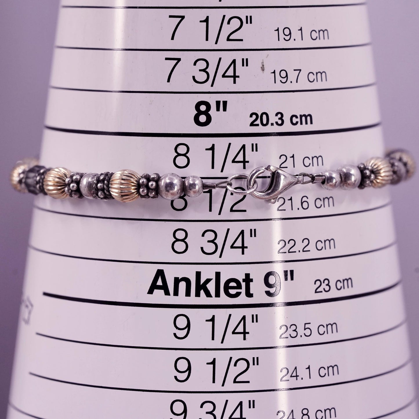 8.5", vintage sterling handmade bracelet, 14K gold, crystal beads chain