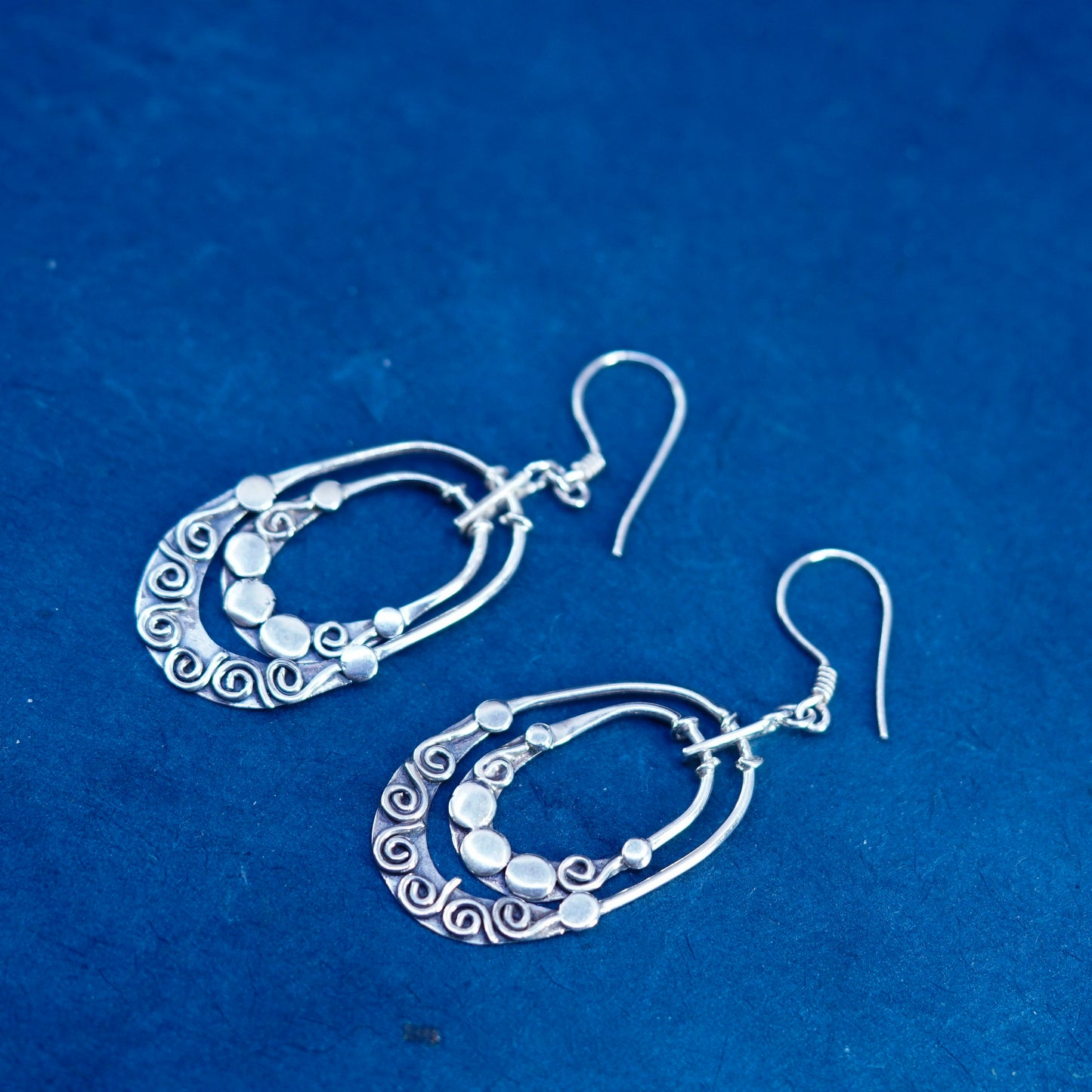 Vintage sterling silver handmade earrings, 925 oval shaped beaded drop