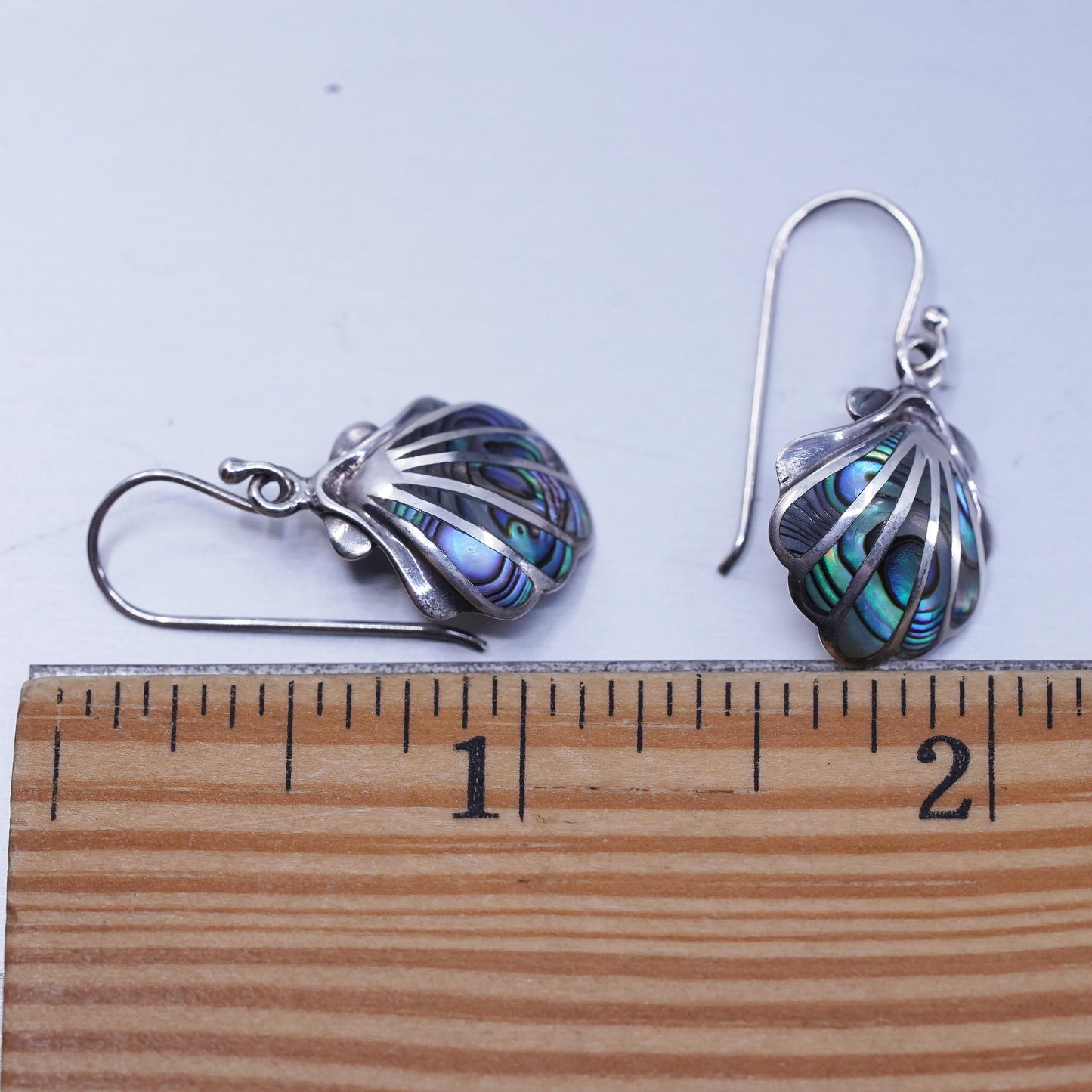 Vintage Sterling 925 silver handmade shell earrings with abalone inlay