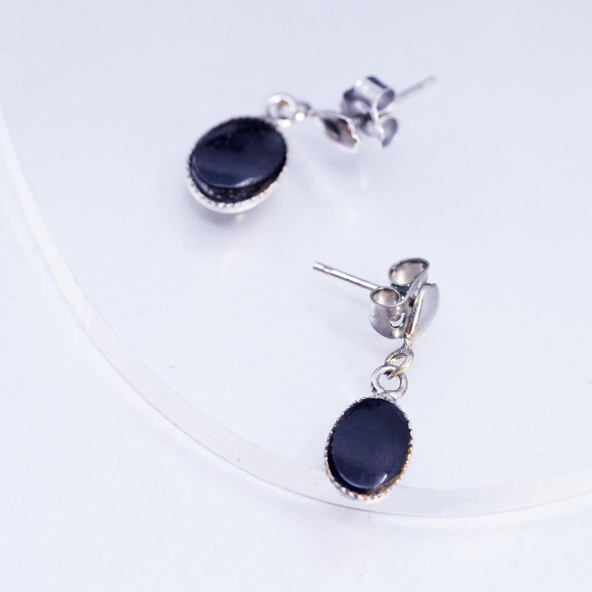 Vintage Sterling 925 silver earrings with oval onyx beads