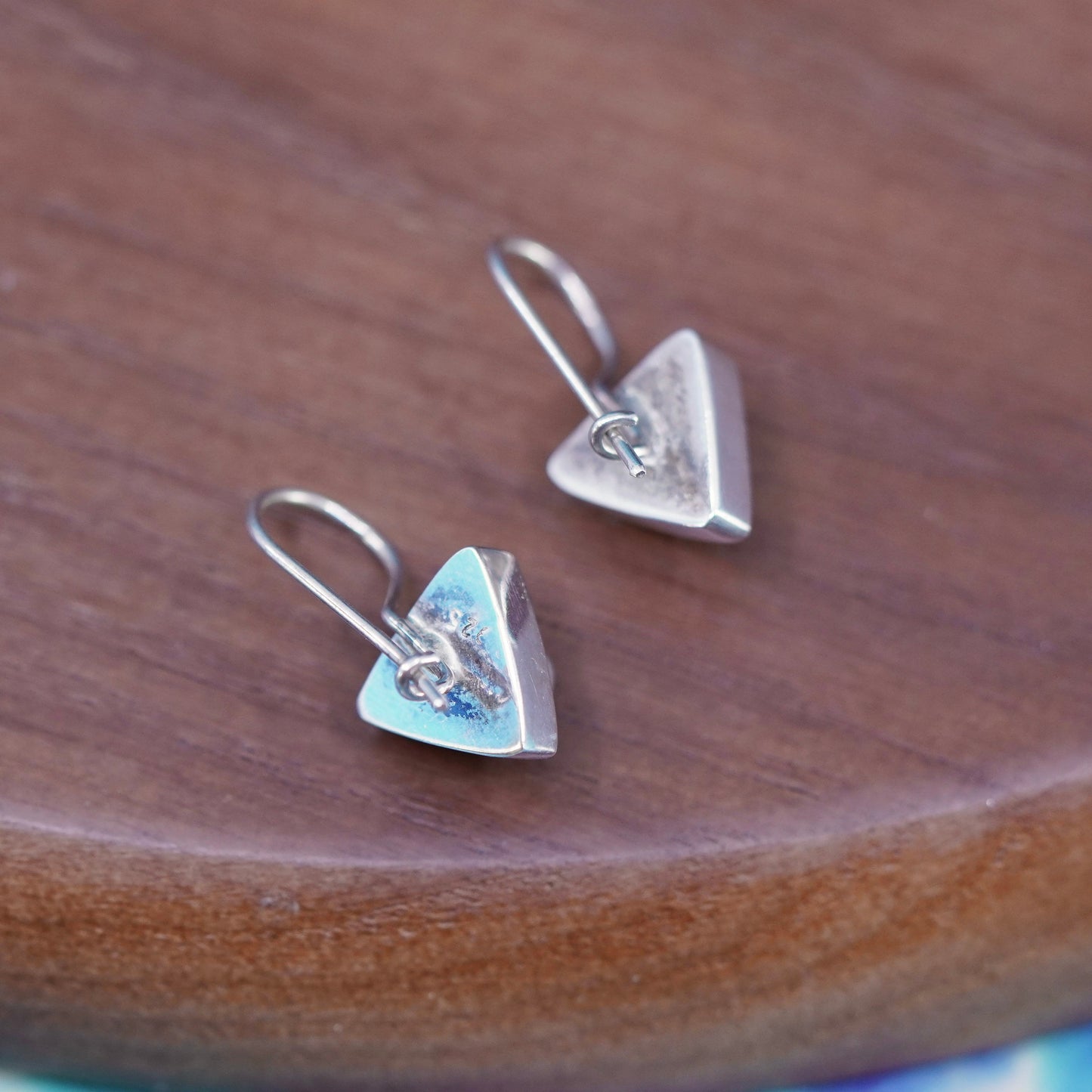 Vintage Sterling silver 925 handmade triangular earrings with black pearl inlay