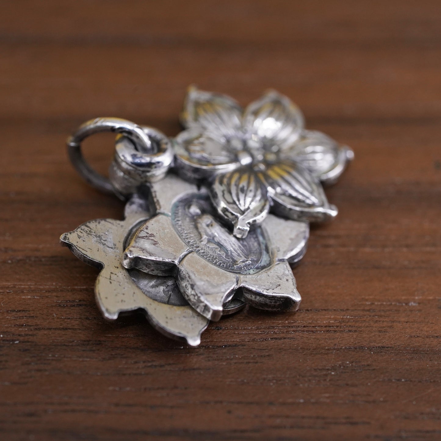 Vintage Sterling silver pendant, 925 flower charm with Jesus and Virgin Mary