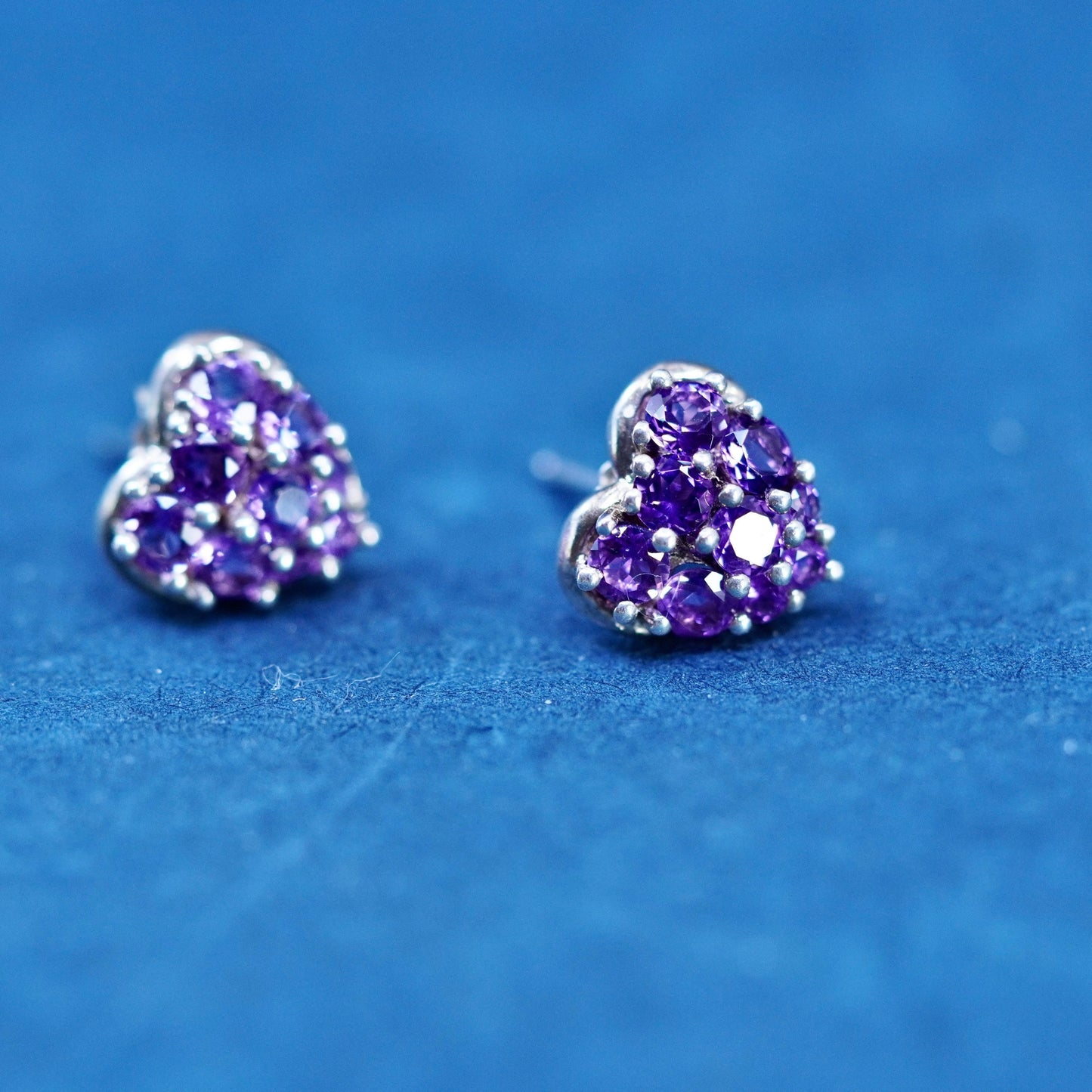 Vintage Sterling silver handmade earrings, 925 heart studs w/ cluster amethyst