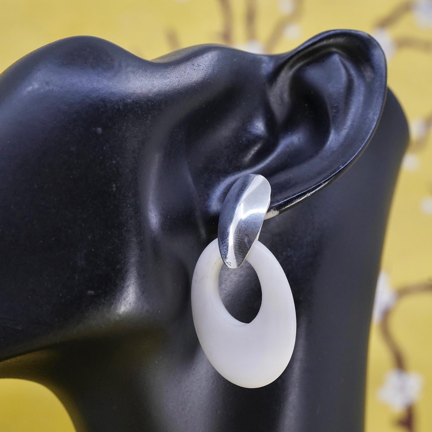 Vintage MWS Sterling 925 silver handmade earrings with oval white jade