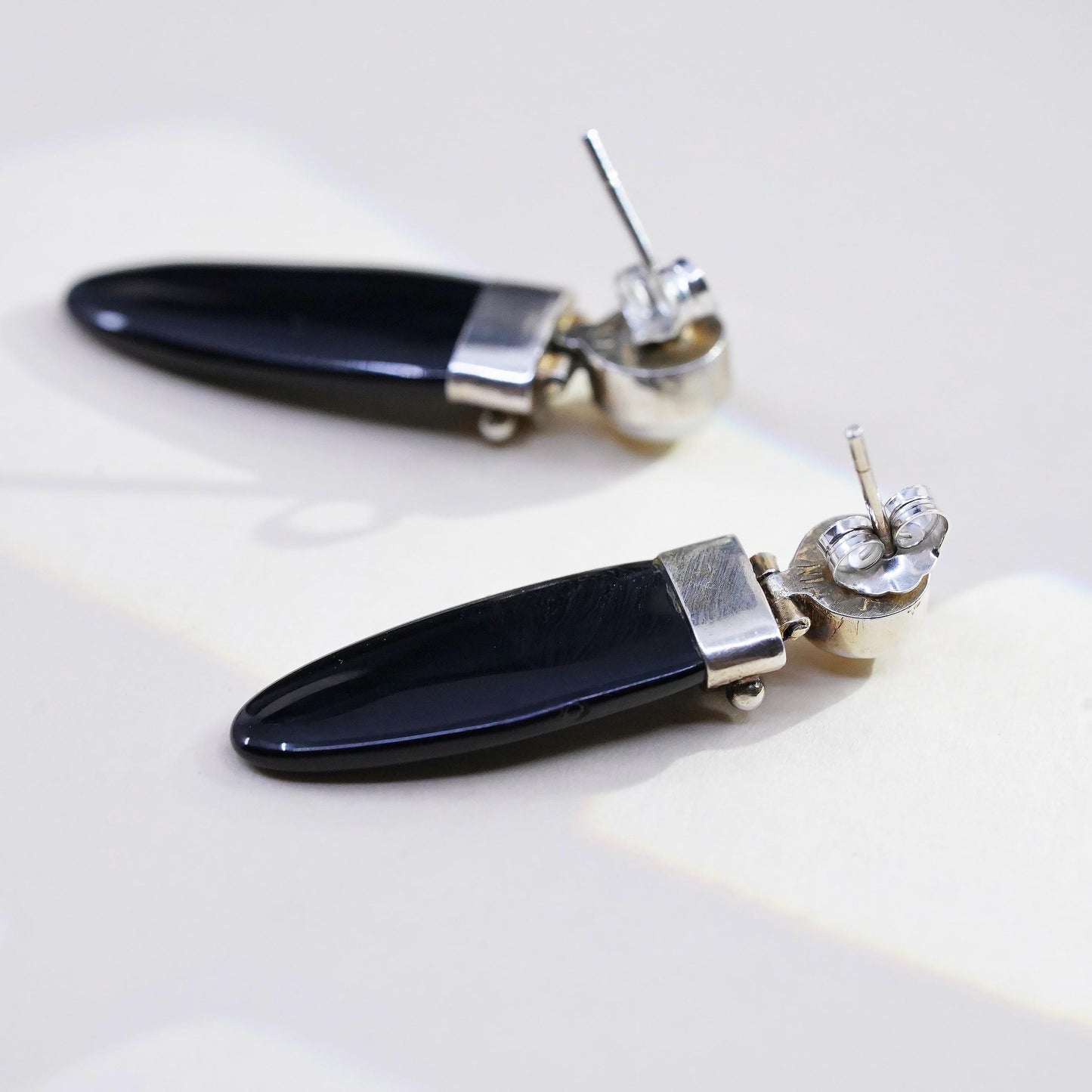 Vintage SIS handmade Sterling 925 silver earrings with onyx garnet and pearl