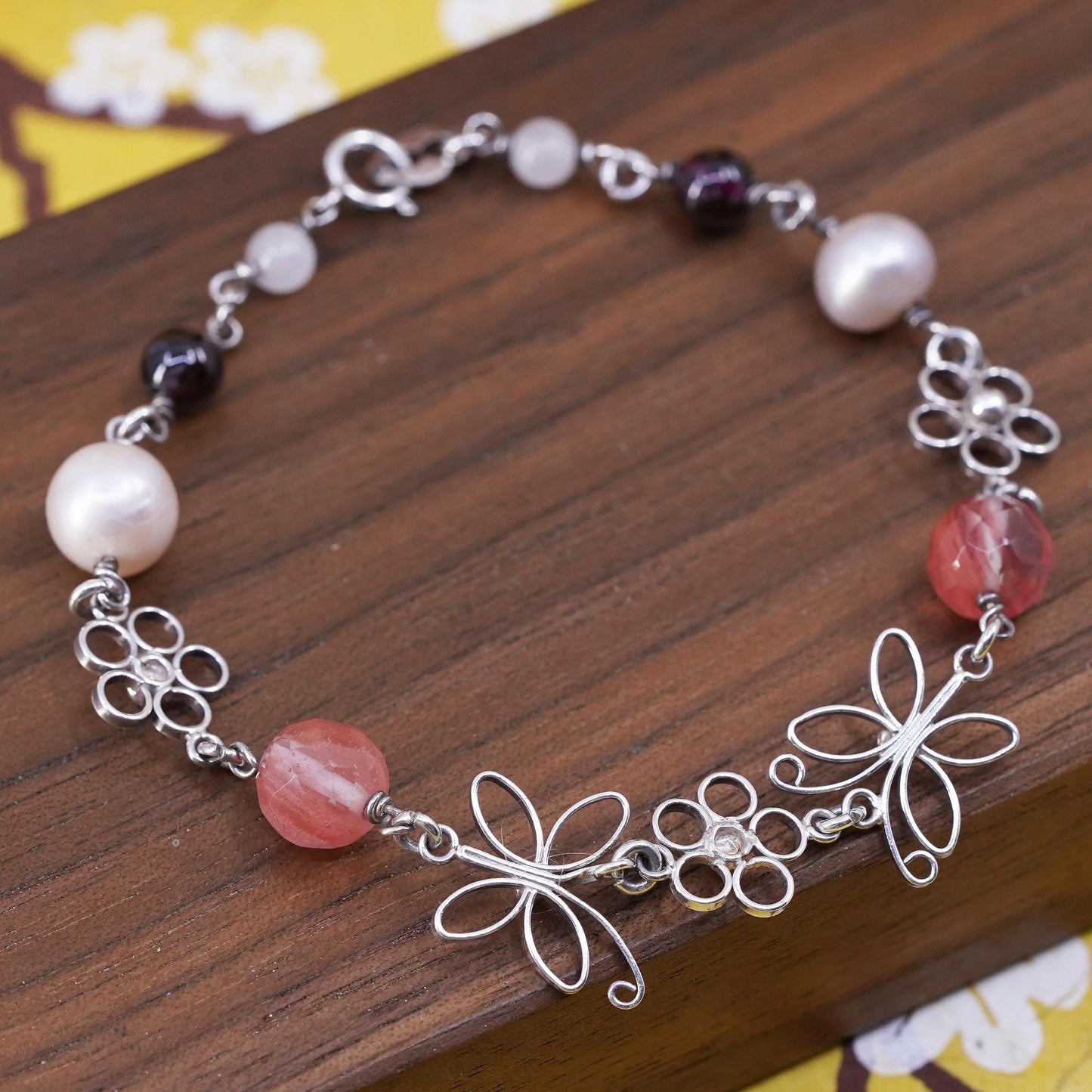 7", VTG Sterling 925 silver butterfly flower bracelet rose pink quartz pearl