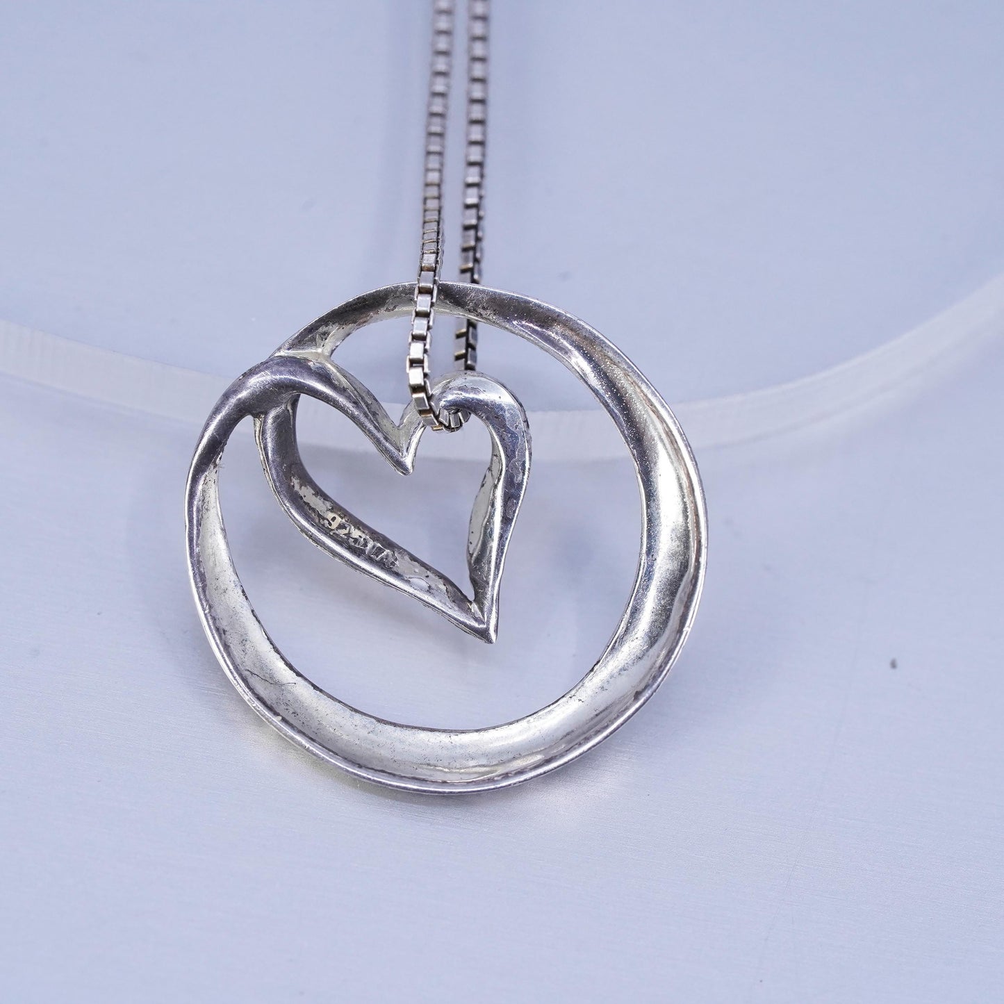 18”, vintage Sterling 925 silver handmade box necklace with heart pendant