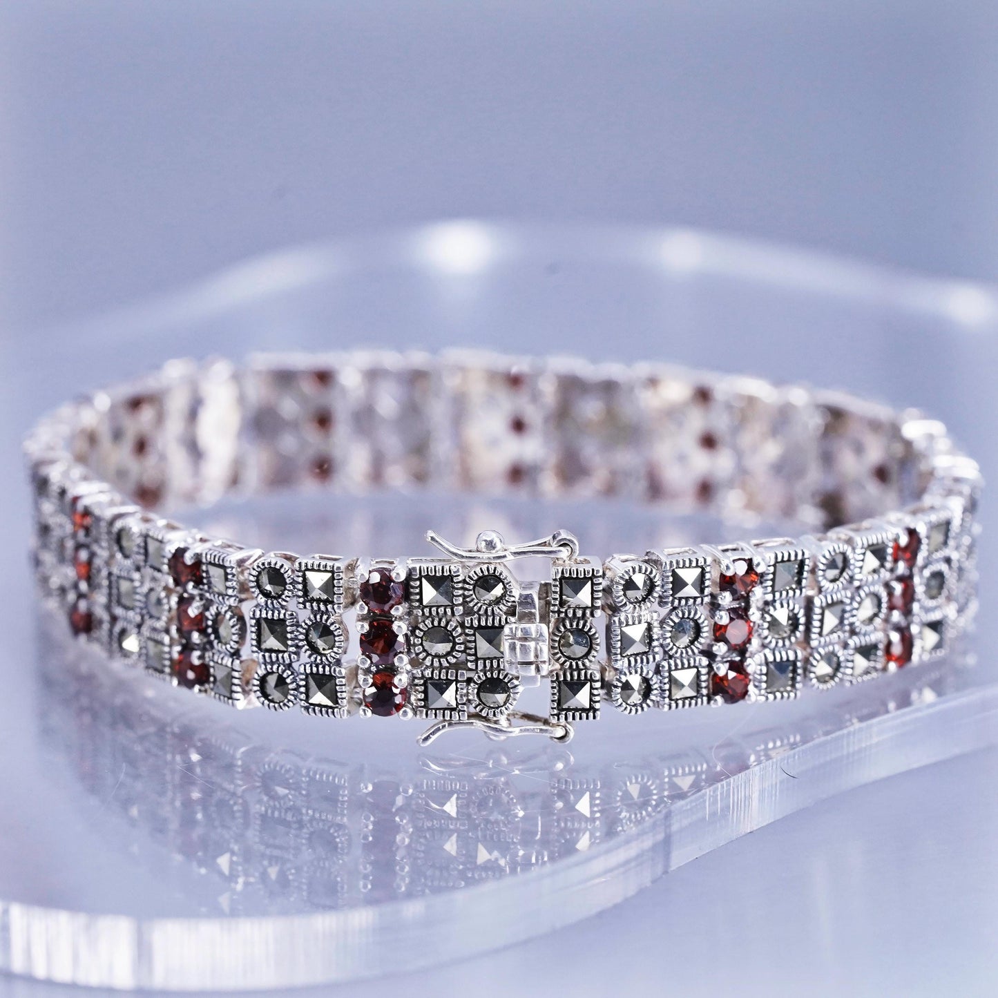 7”, Sterling 925 silver handmade tennis bracelet with garnet and marcasite