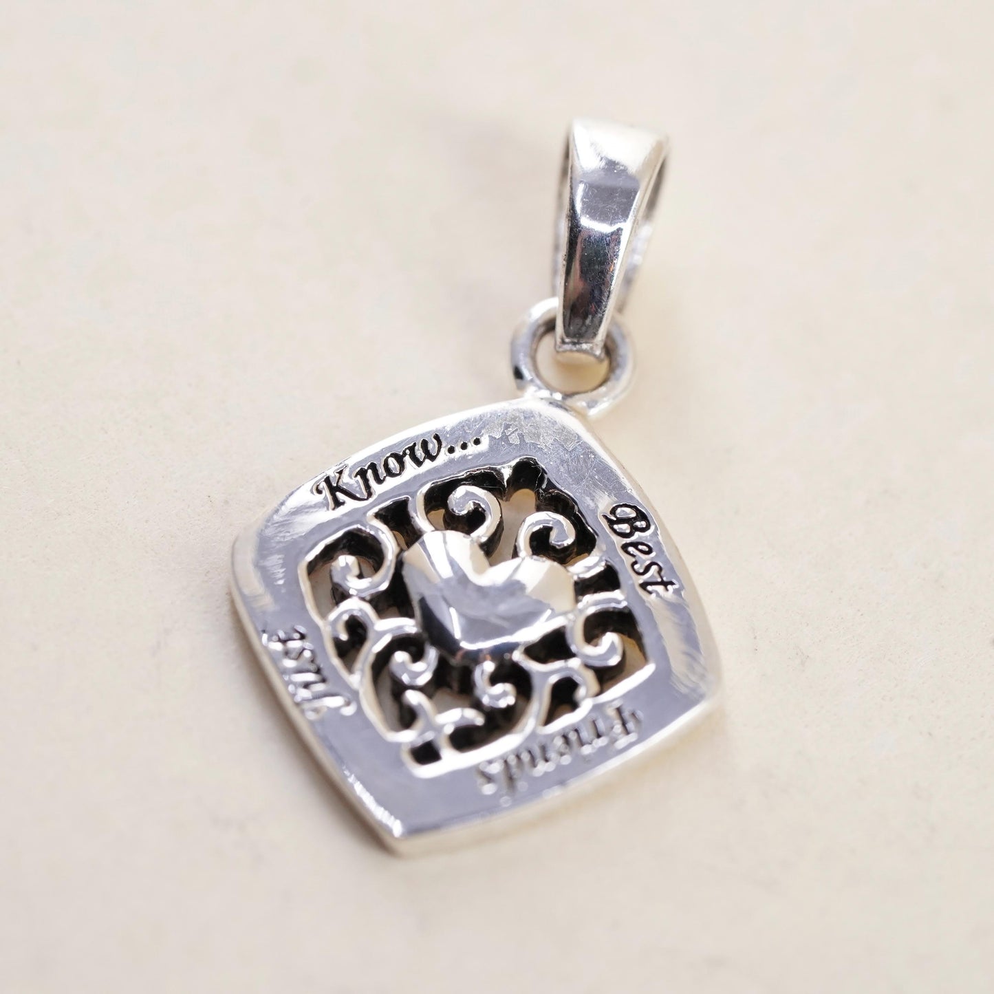 Vintage sterling silver charm, 925 pendant with heart best friends just know