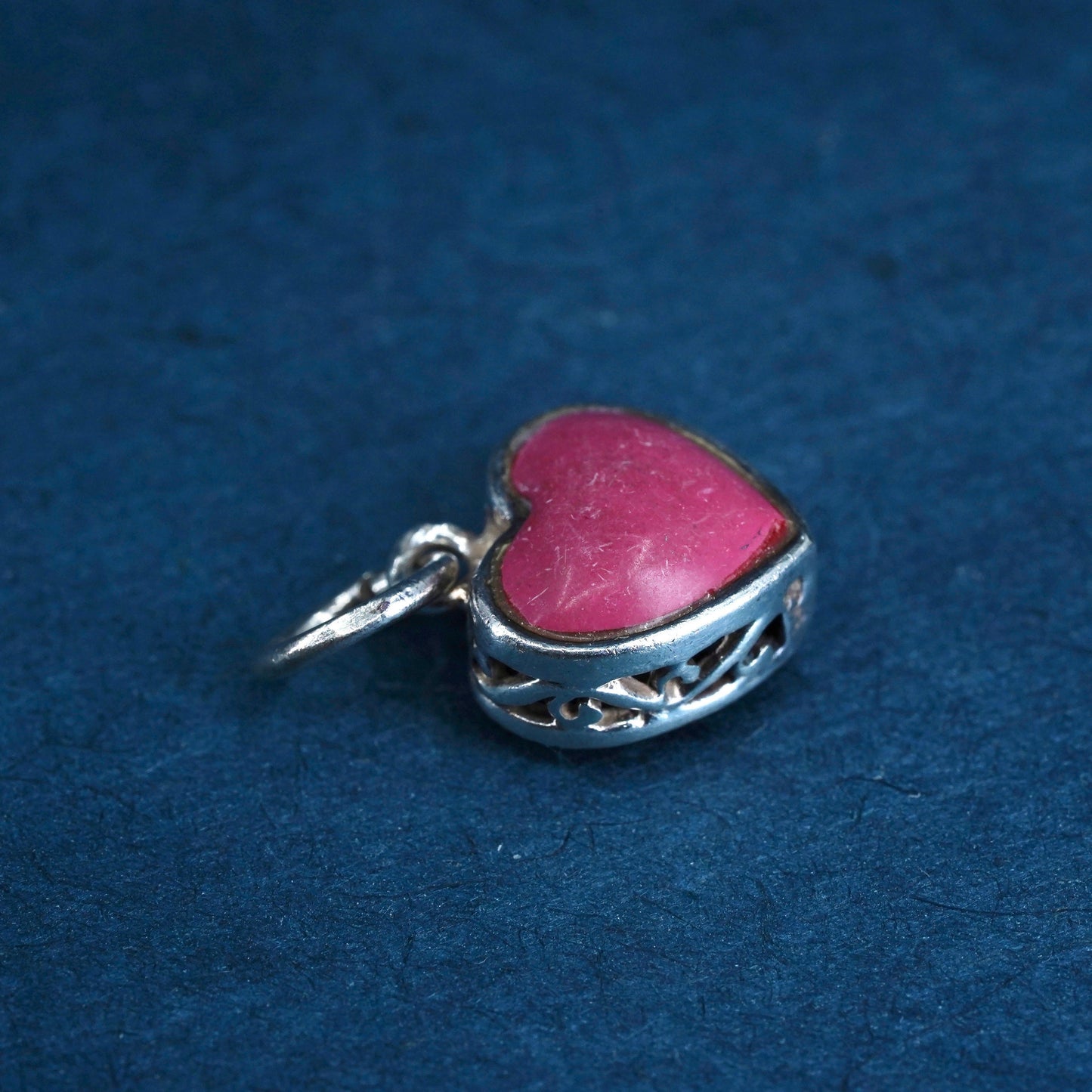 Vintage sterling silver handmade pendant, 925 heart with pink jasper inlay