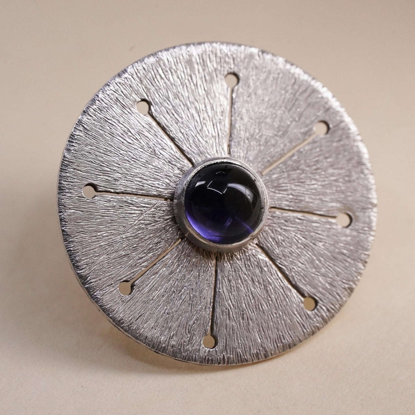 Vintage single earring. Sterling 925 silver textured disc stud with amethyst