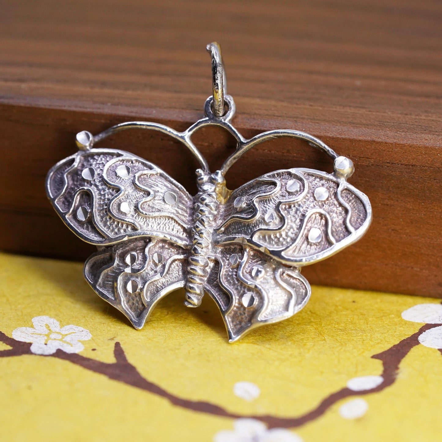Vintage Sterling 925 silver handmade textured butterfly charm pendant