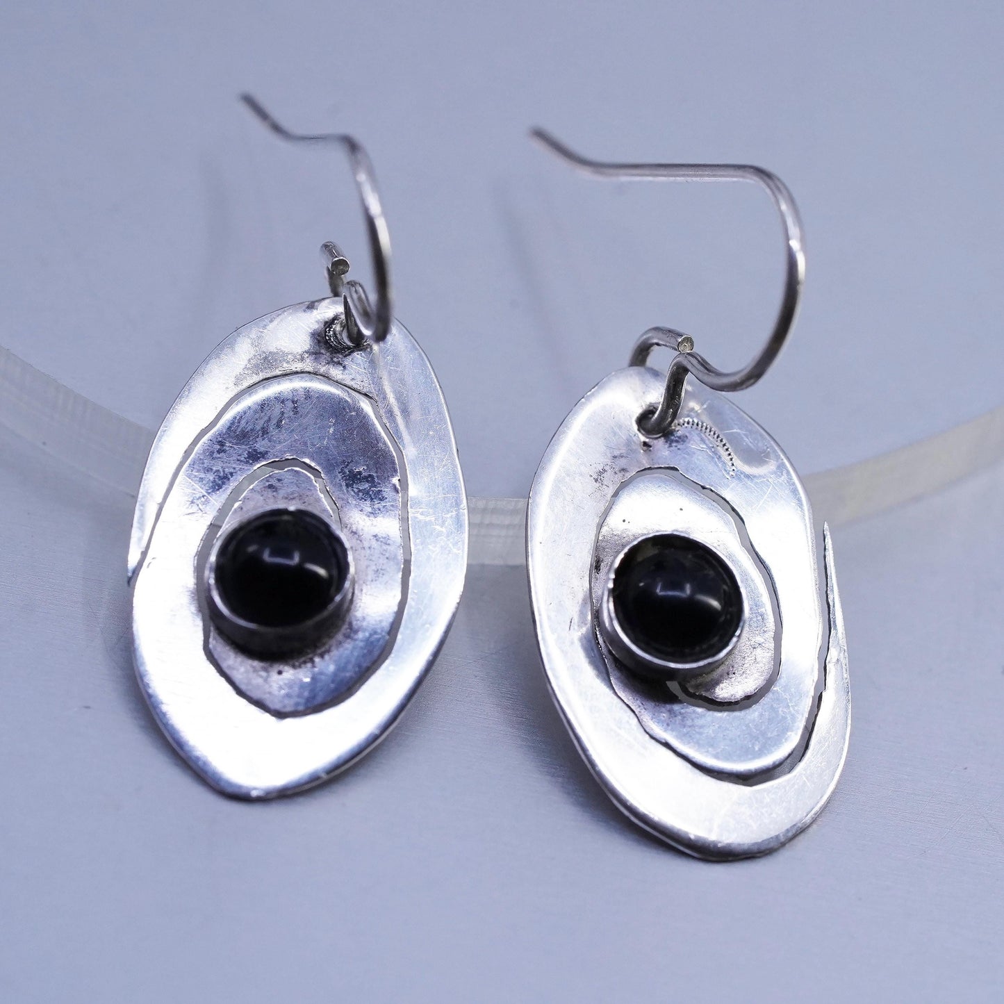 Vintage Sterling 925 silver handmade spiral cut earrings with black onyx