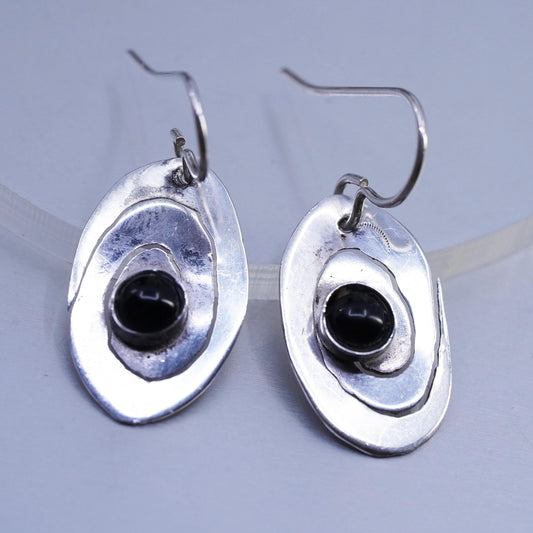 Vintage Sterling 925 silver handmade spiral cut earrings with black onyx