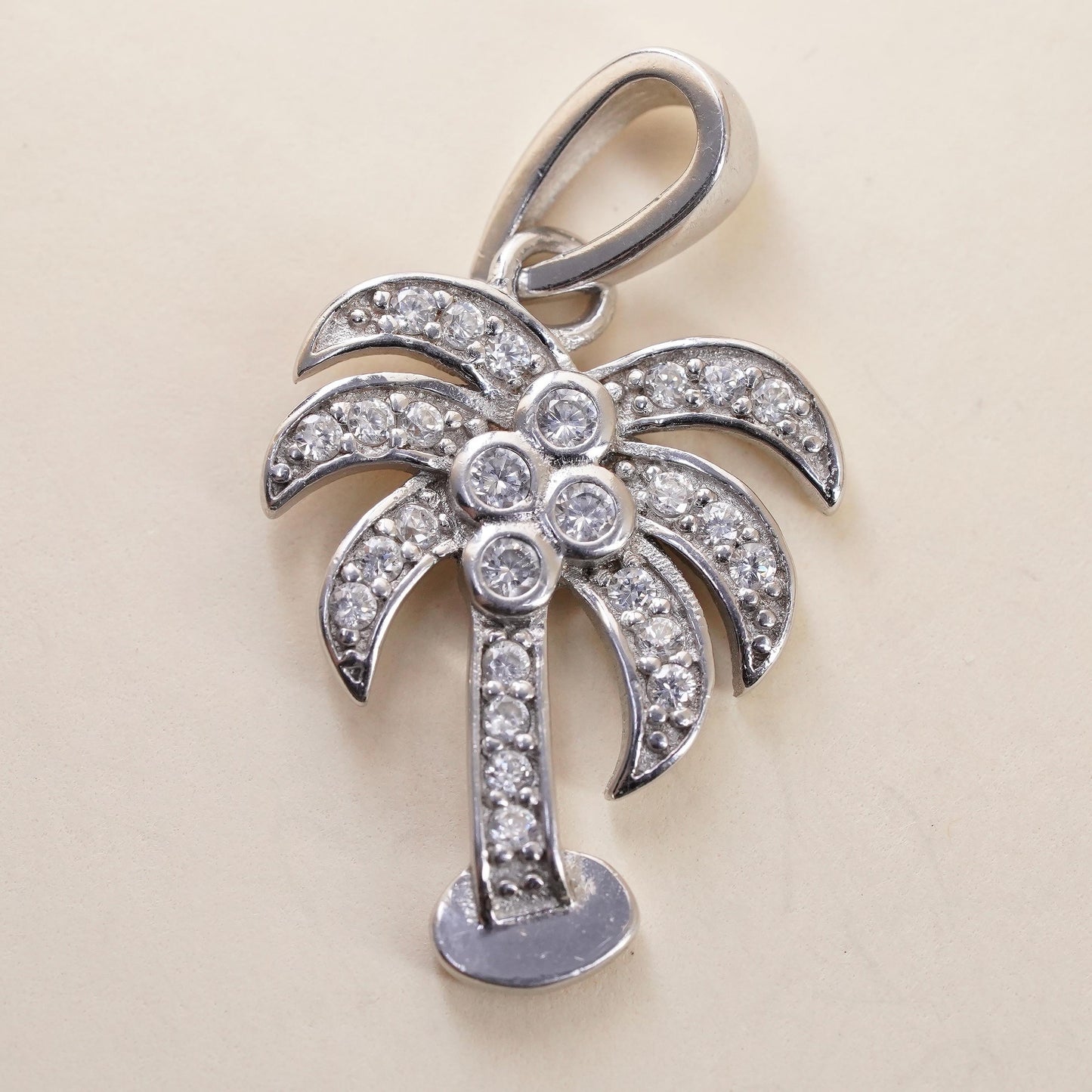 Vintage sterling 925 silver palm tree pendant with cluster cz