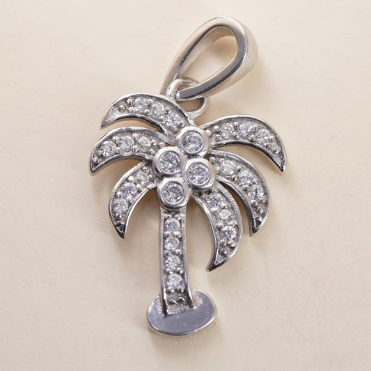 Vintage sterling 925 silver palm tree pendant with cluster cz