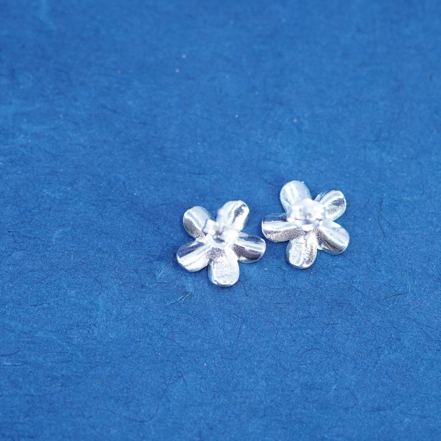 Vintage Sterling silver handmade earrings, 925 plumeria flower studs with cz