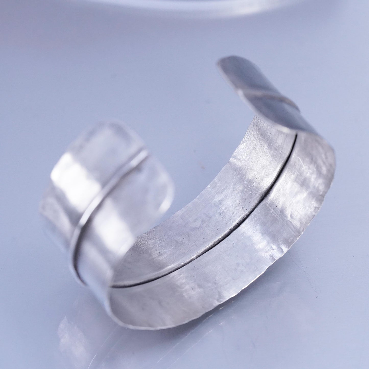 6”, VTG Mexican Sterling 925 silver handmade matte bracelet, wide ribbed cuff