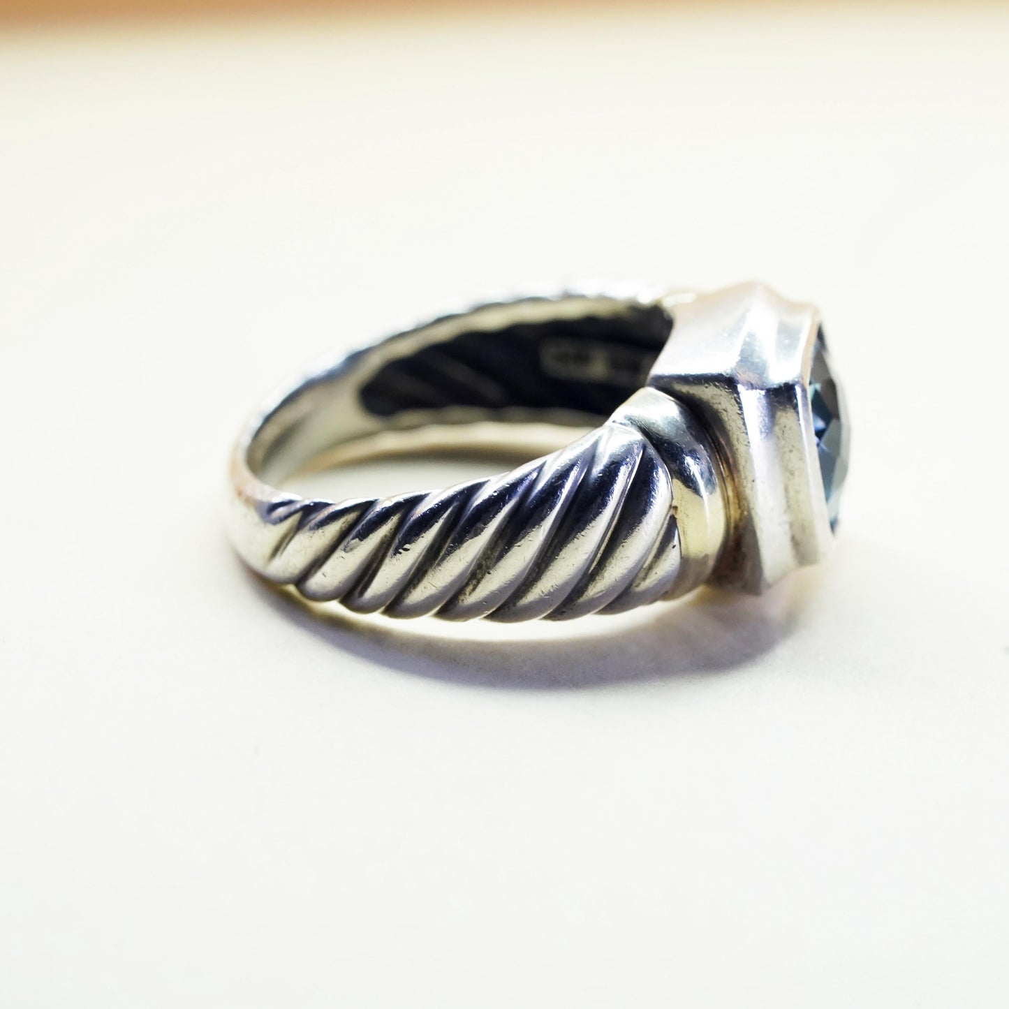 Size 8.75, David Yurman Sterling 925 silver cable ring square blue topaz 14K