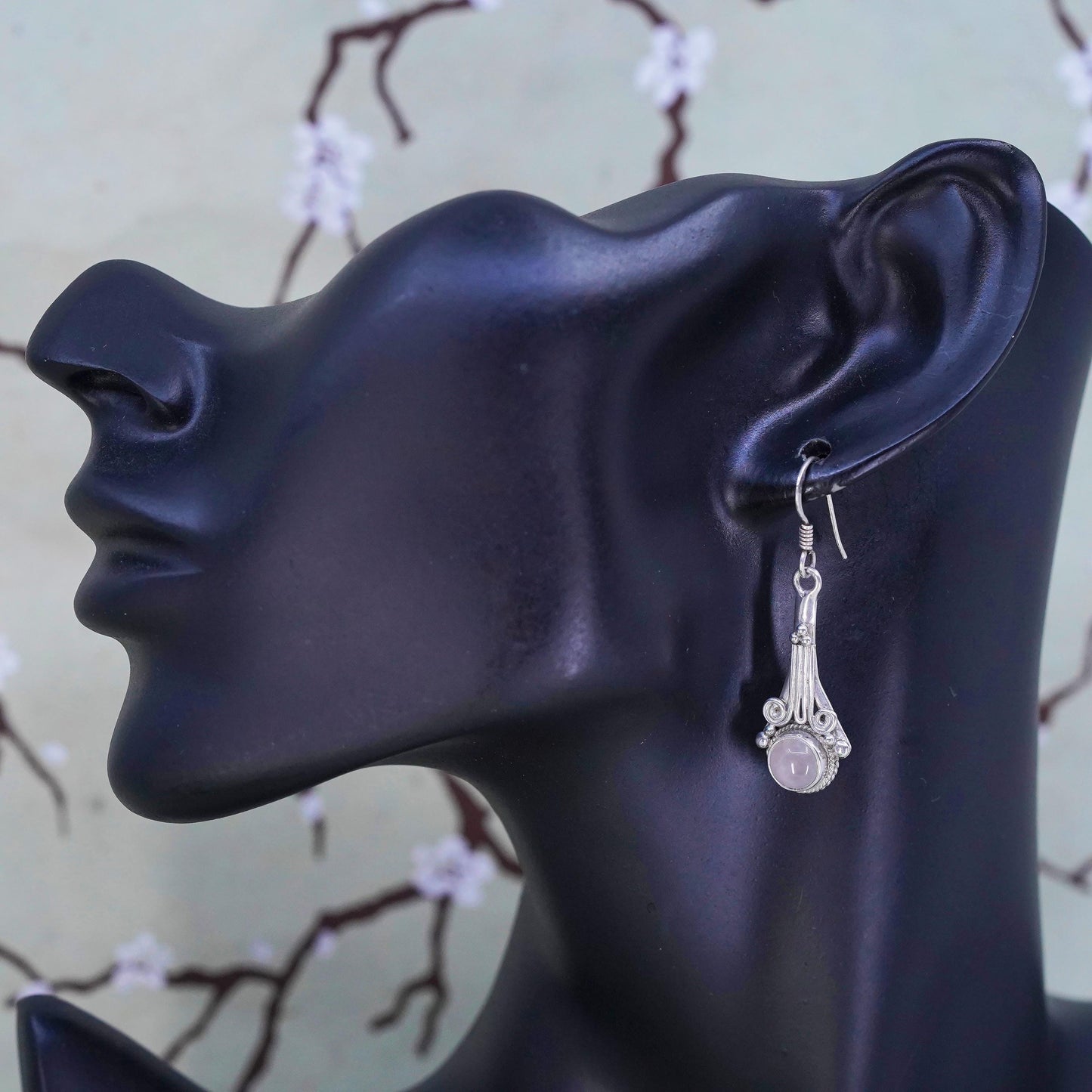 Vintage Sterling 925 silver handmade earrings with pink quartz and beads