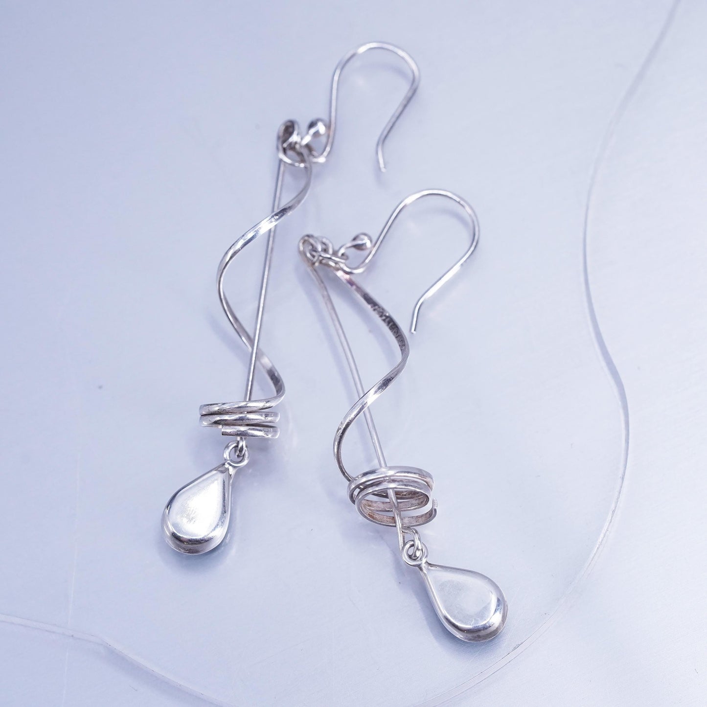 Vintage Mexican sterling 925 silver handmade spiral earrings teardrop turquoise