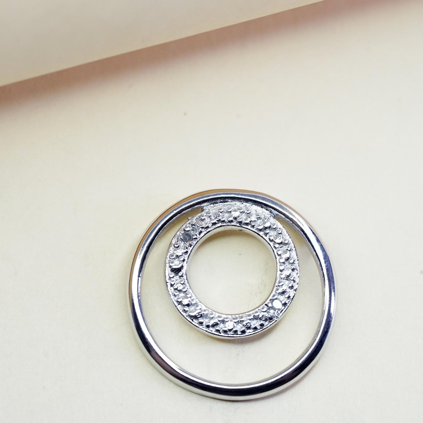 Vintage modern sterling silver pendant, 925 double circle with diamond