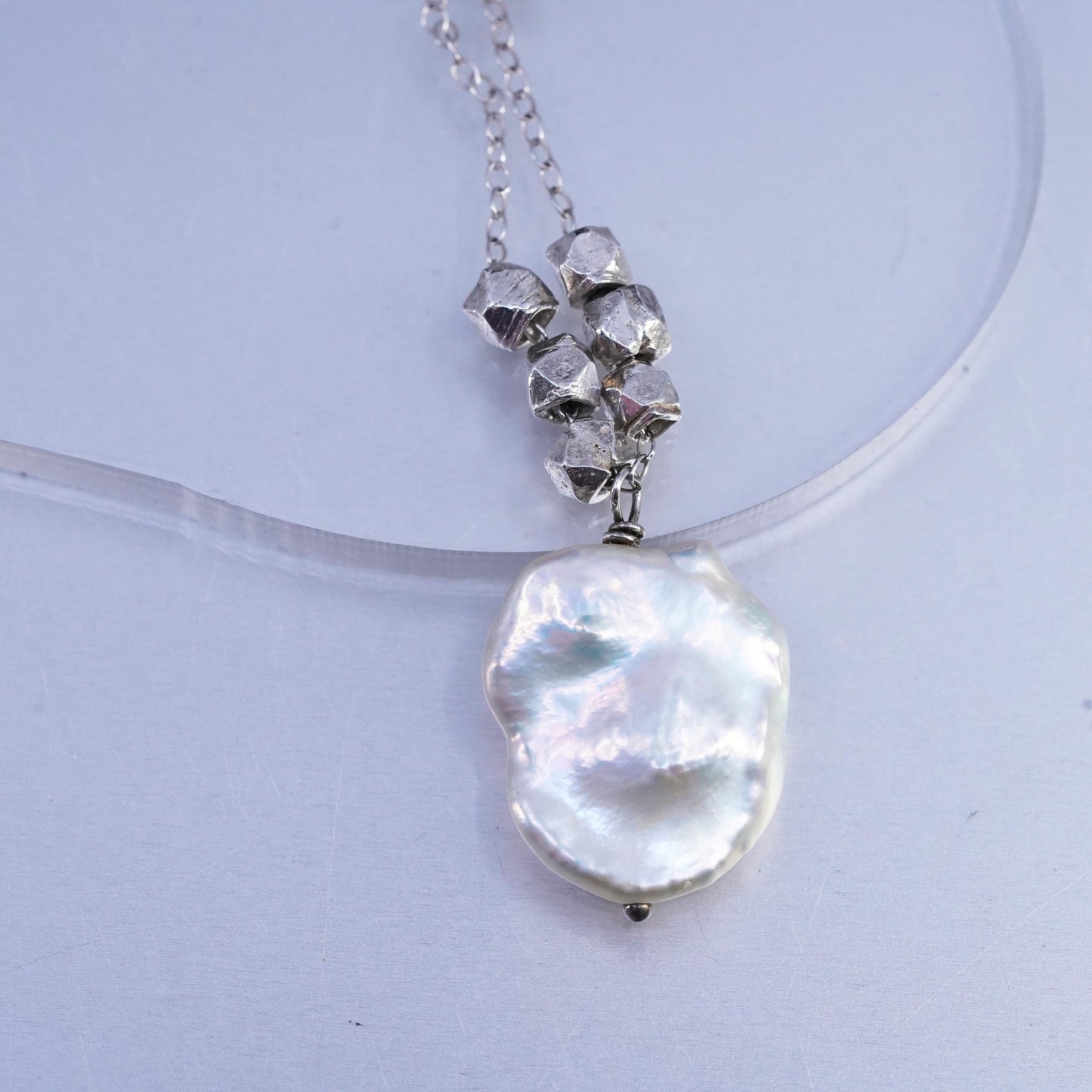 16+3", vintage Sterling 925 silver circle chain necklace Baroque pearl pendant
