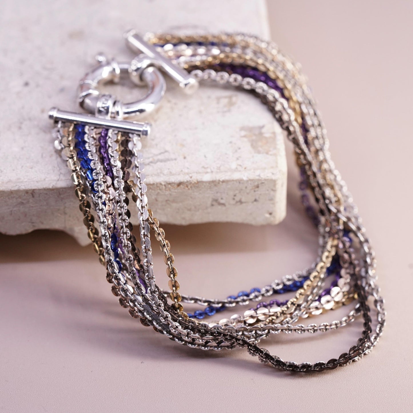 7", vintage Italian Sterling silver bracelet, 925 multi 10 strands curb chain