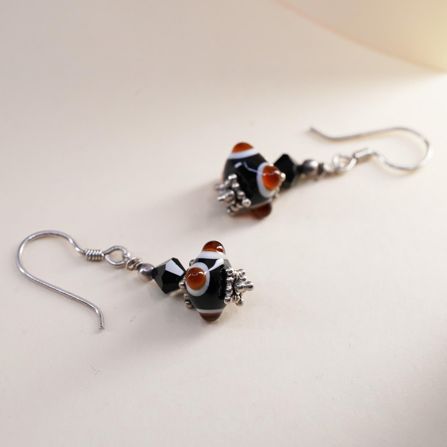 Vintage Sterling silver handmade earrings, 925 hooks with glass beads