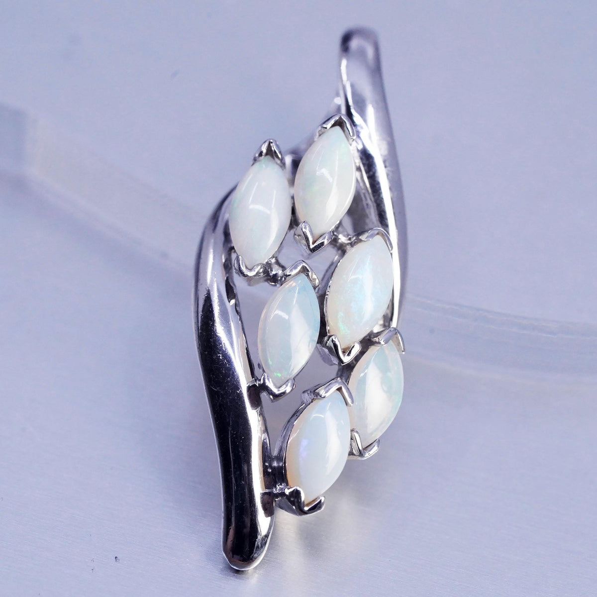 Sterling 925 Silver White Opal Cluster Pendant, Marquise Cabochon Opal Leaf