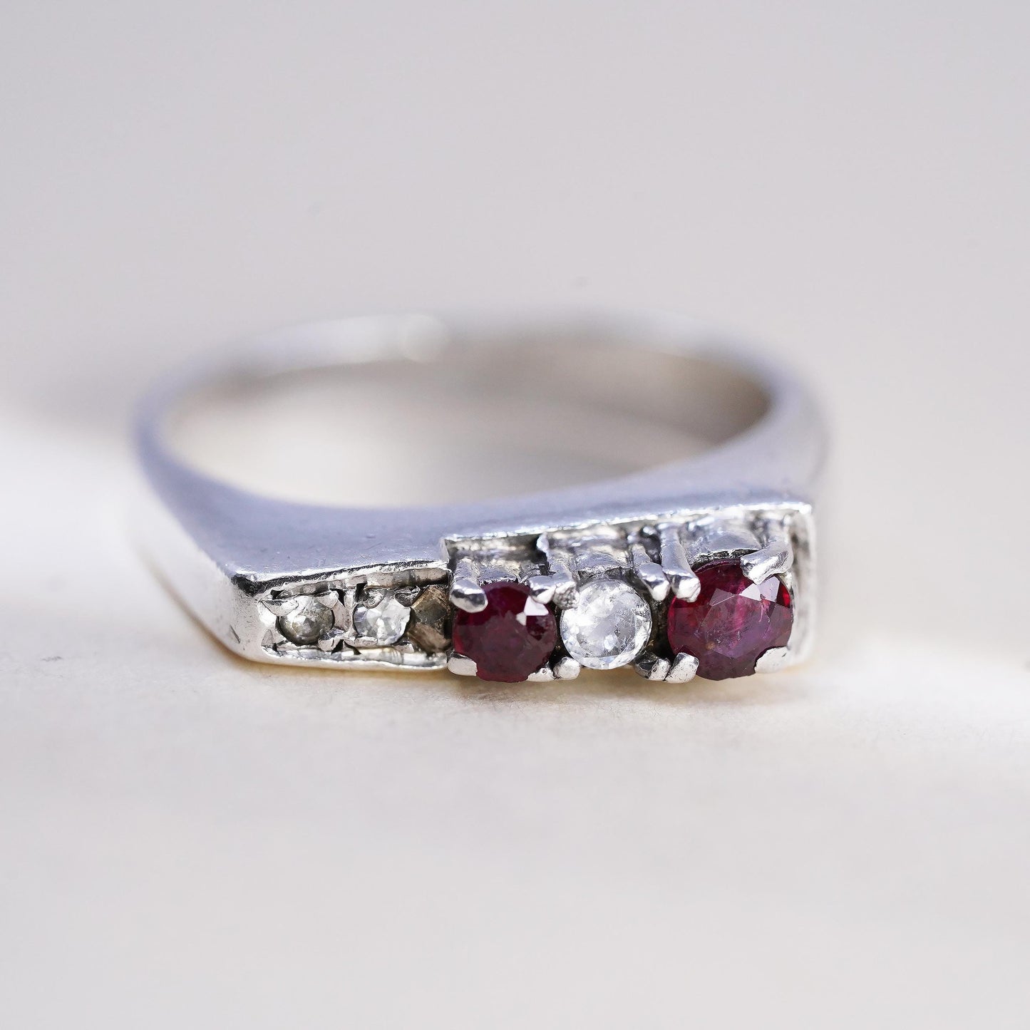 Size 6, Vintage sterling silver handmade ring, 925 stackable band with ruby cz