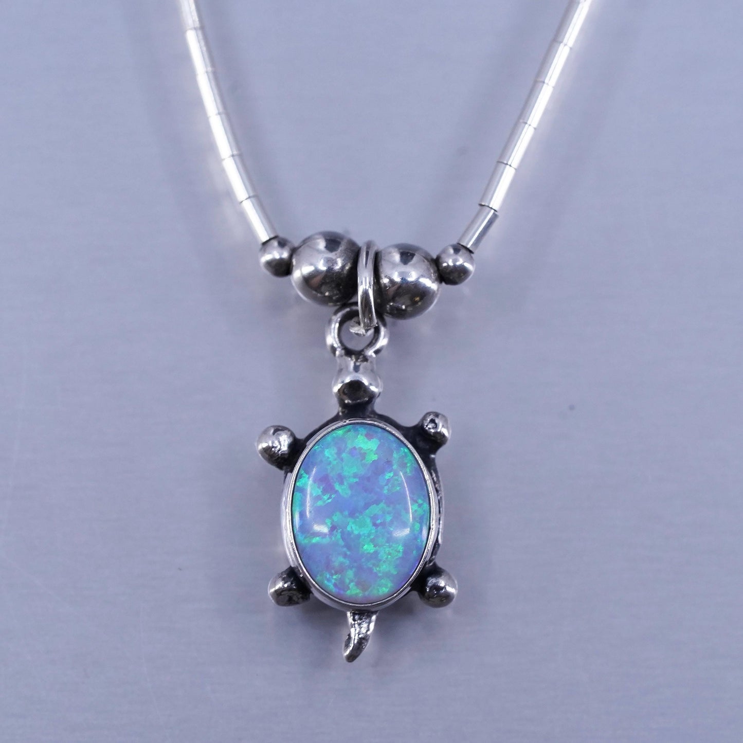 16”, Native American Sterling 925 liquid silver necklace opal turtle pendant