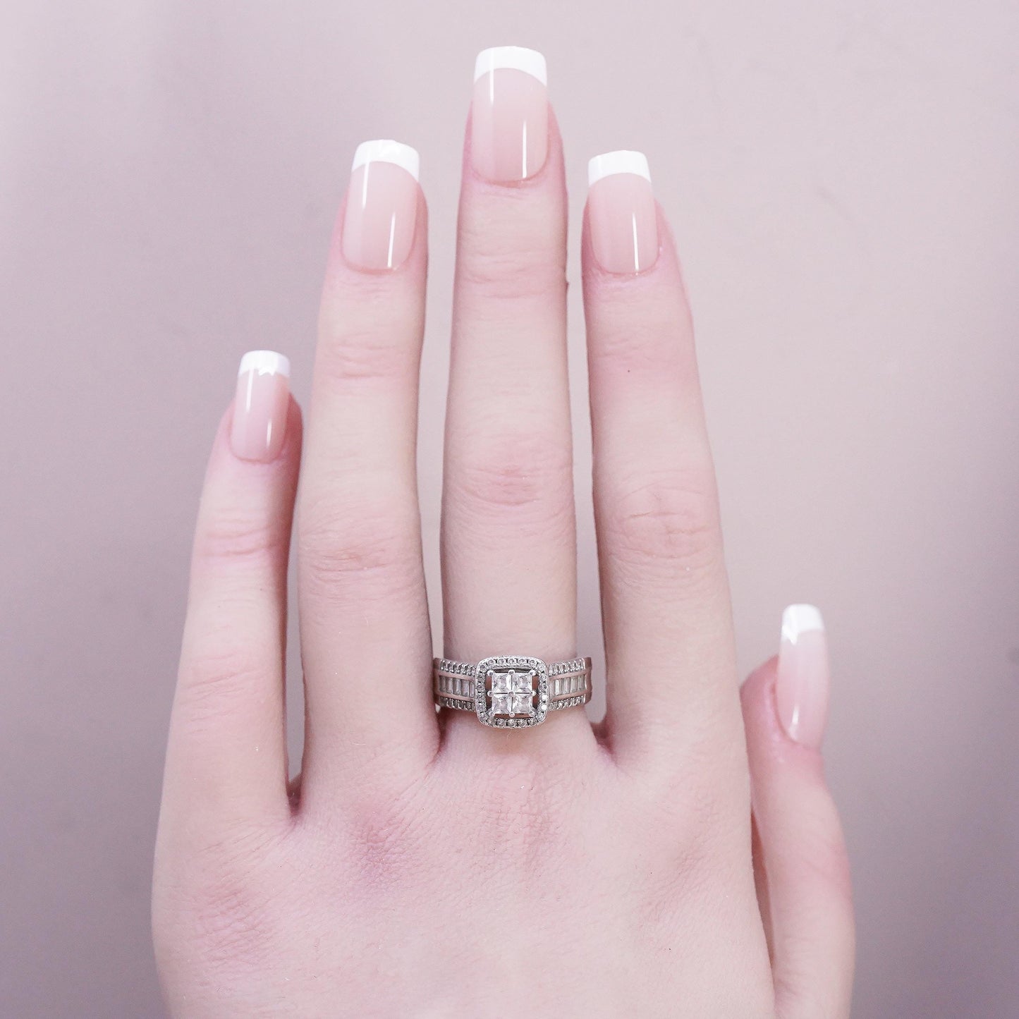 Size 8, Sterling Silver 925 CZ Cluster Princess Cut Square Halo Ring, Crystal