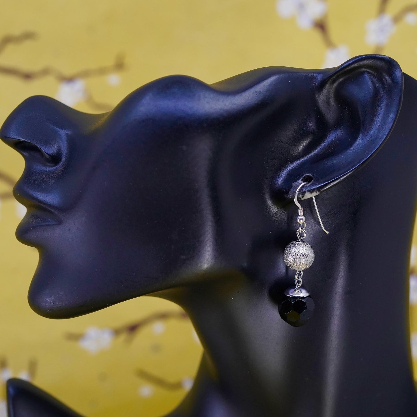 Vintage Sterling 925 silver handmade earrings with glitering onyx beads