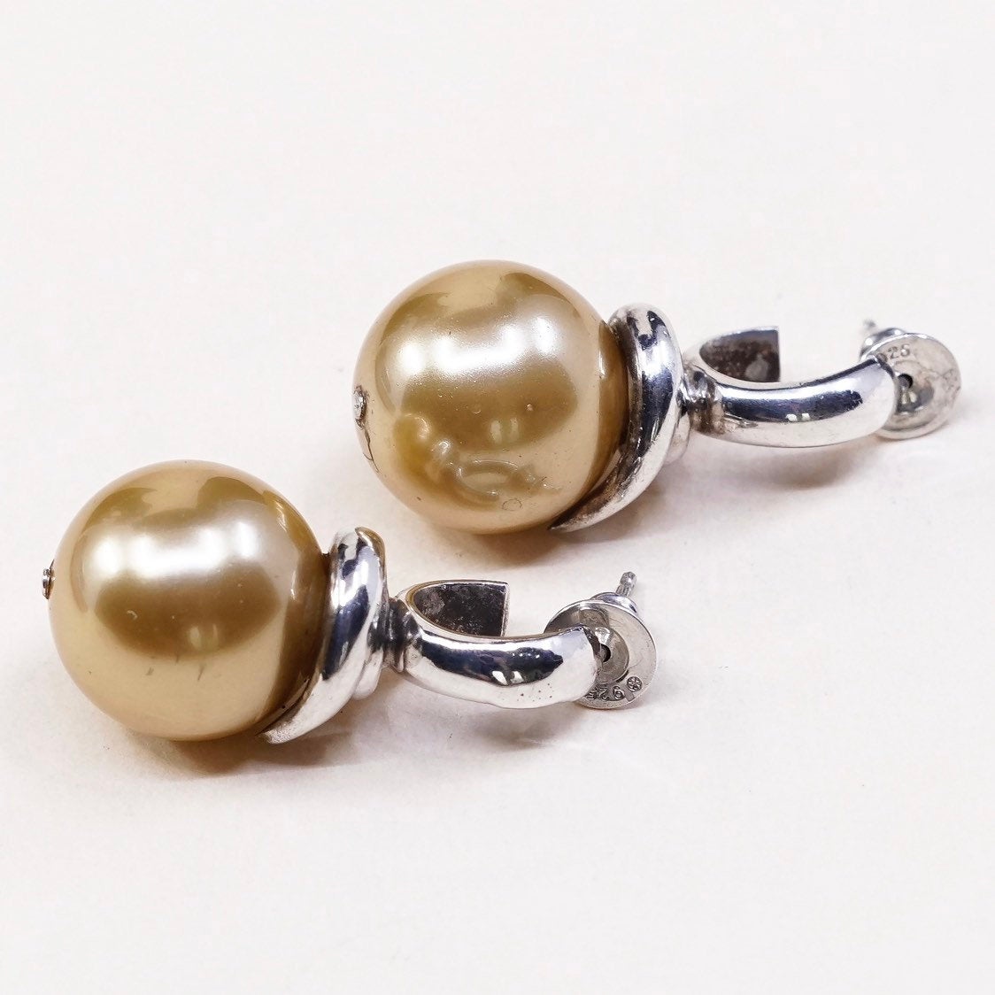 vtg sterling silver freshwater gold pearl earrings, italy 925 huggie earrings