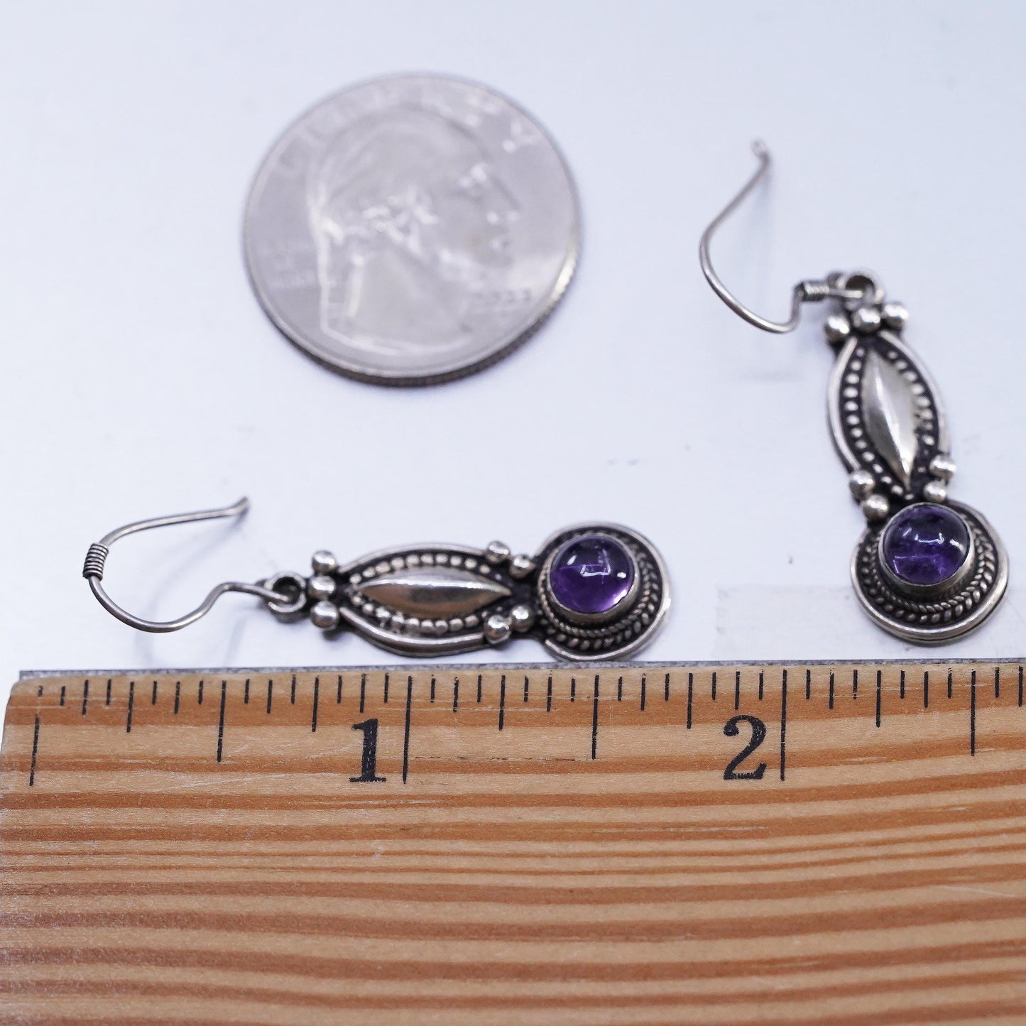 Sterling Silver Amethyst Dangle Earrings, 925 Southwestern Drops, Cabochon
