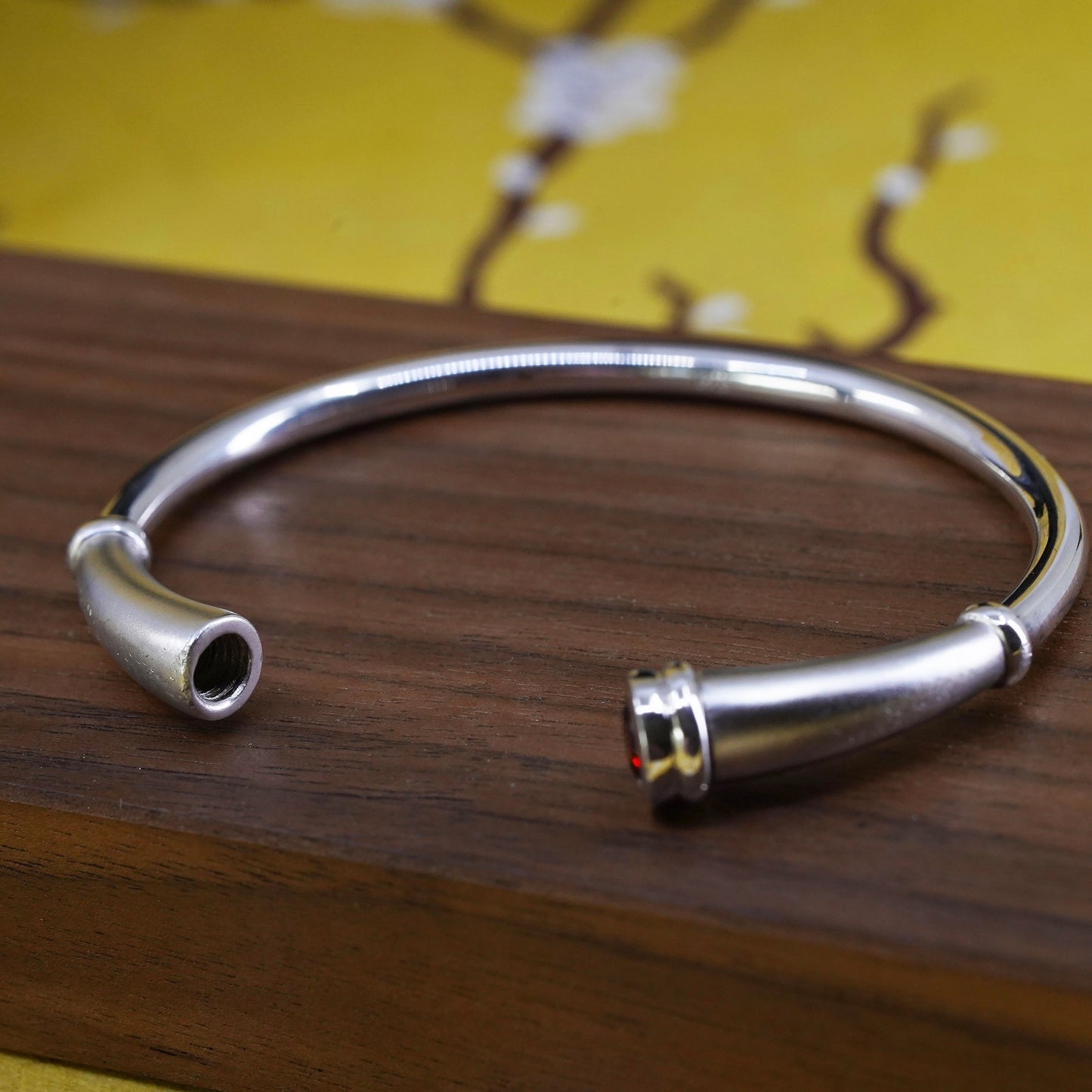 6.5", antique sterling silver handmade bracelet, 925 cuff with ruby end