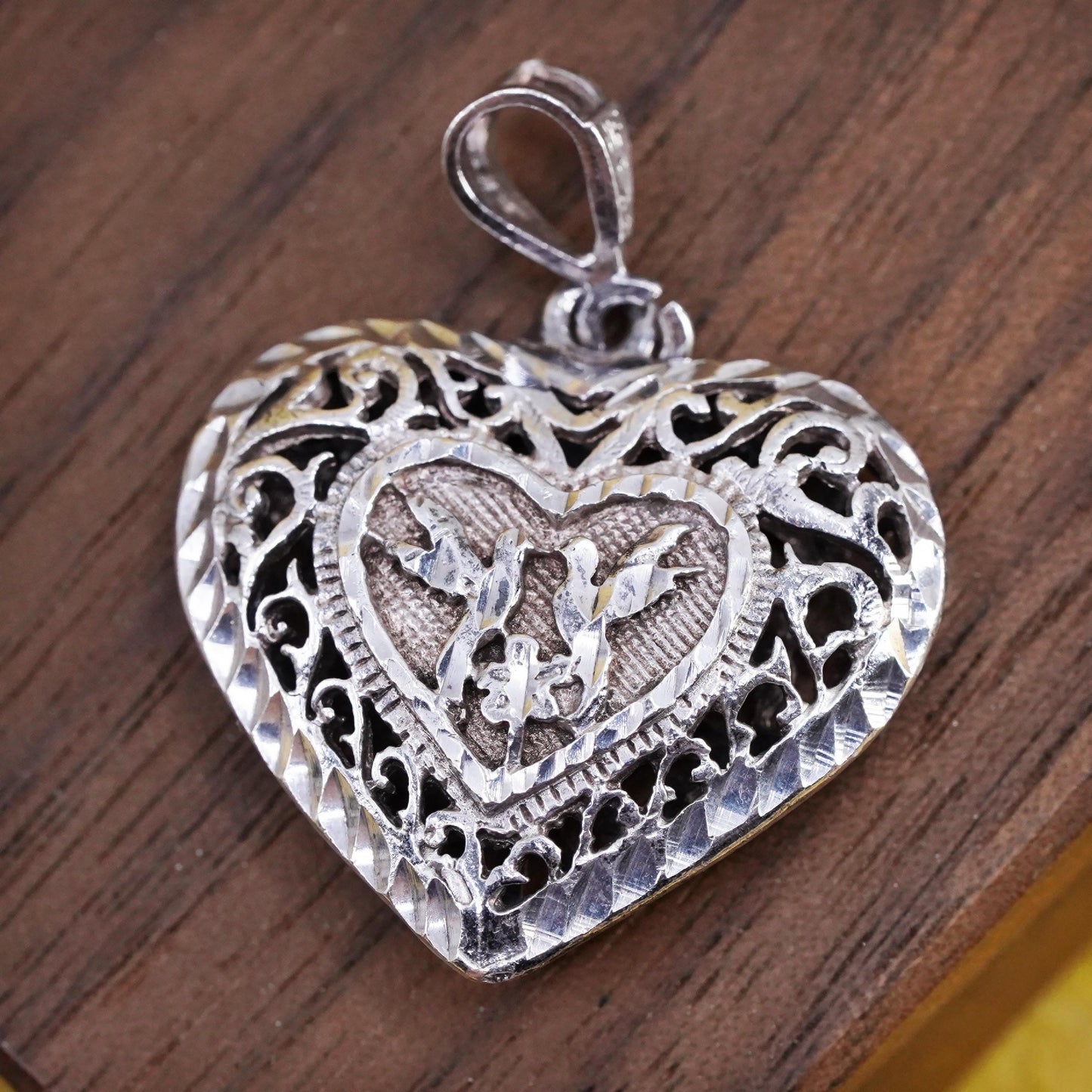 VTG Sterling silver handmade double side pendant, 925 filigree heart pendant